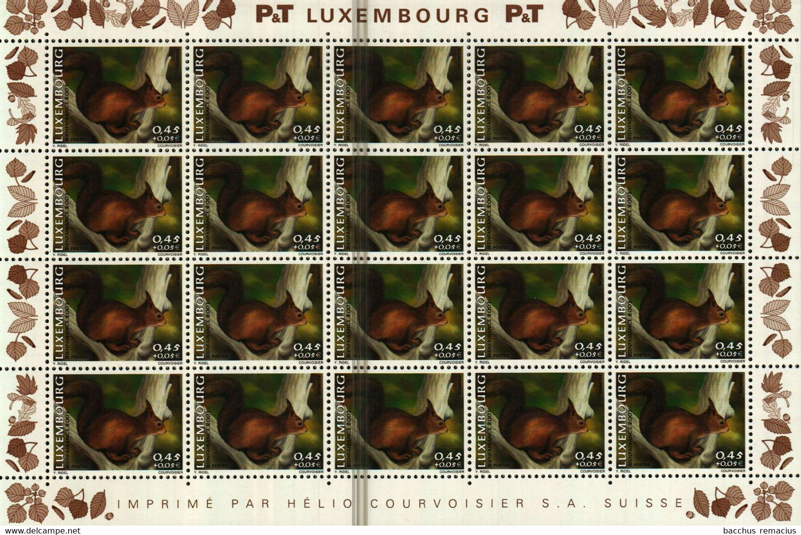 Luxembourg Feuille à 20 Timbres à 0,45+0.05 Euro Ecureuil/Eichhörnchen/Squirrel Timbre De Bienfaisance 2001 - Volledige Vellen