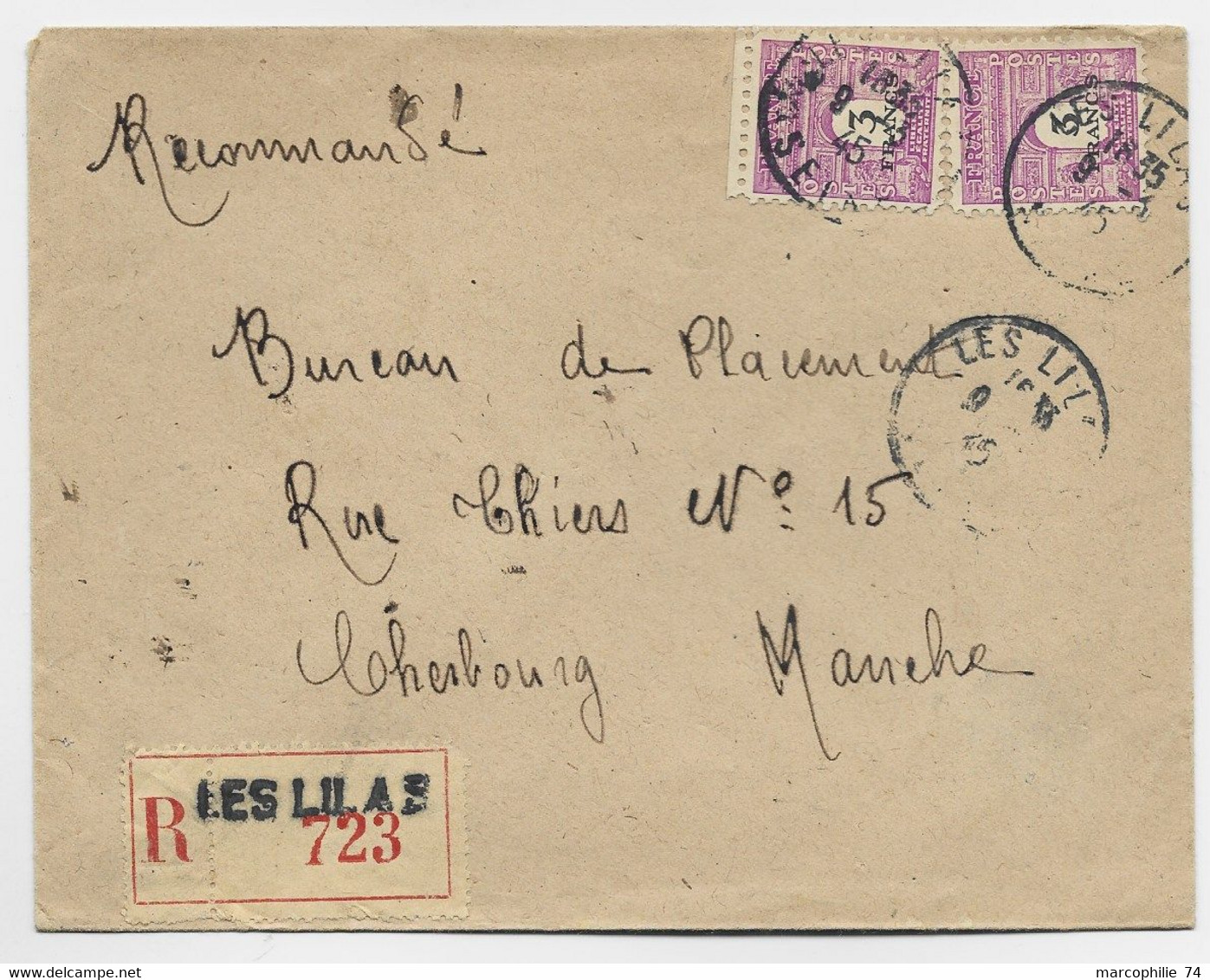 FRANCE ARC TRIOMPHE 3FRX2 LETTRE REC COVER LES LILAS 9.3.1945 AU TARIF - 1944-45 Arc Of Triomphe