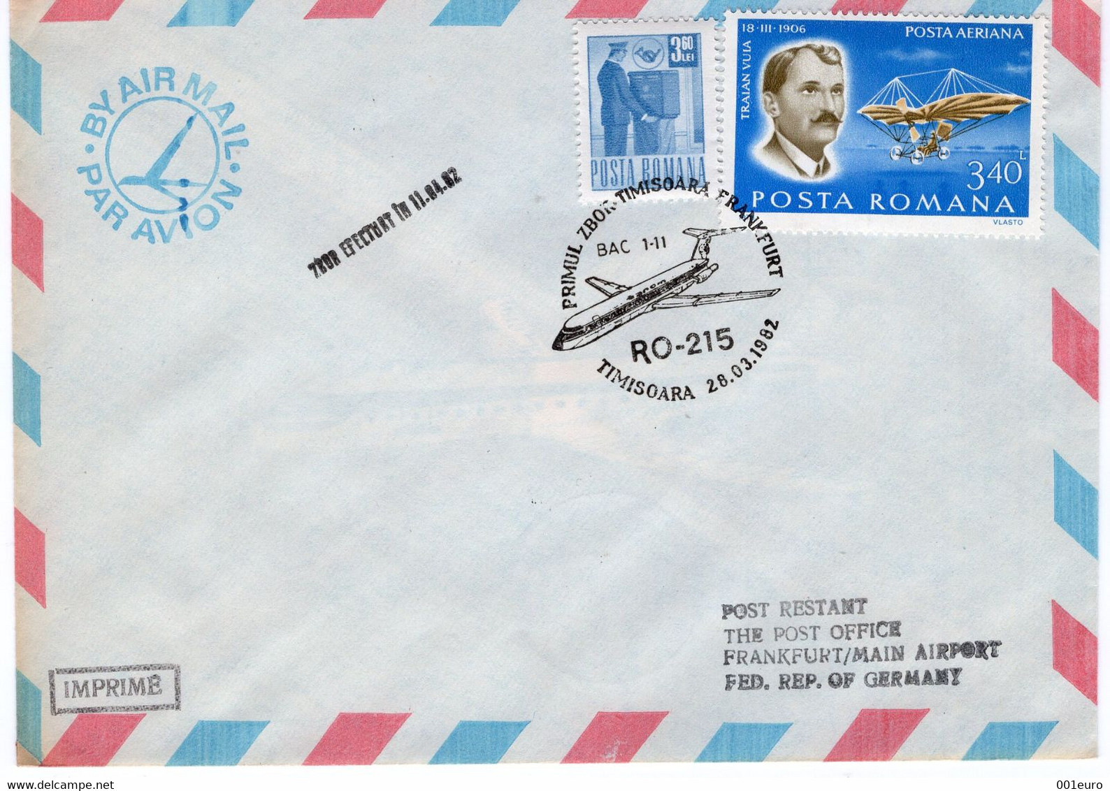 ROMANIA 1982: AEROPHILATELY - FLIGHT TIMISOARA - FRANKFURT, Illustrated Postmark On Cover  - Registered Shipping! - Marcofilie
