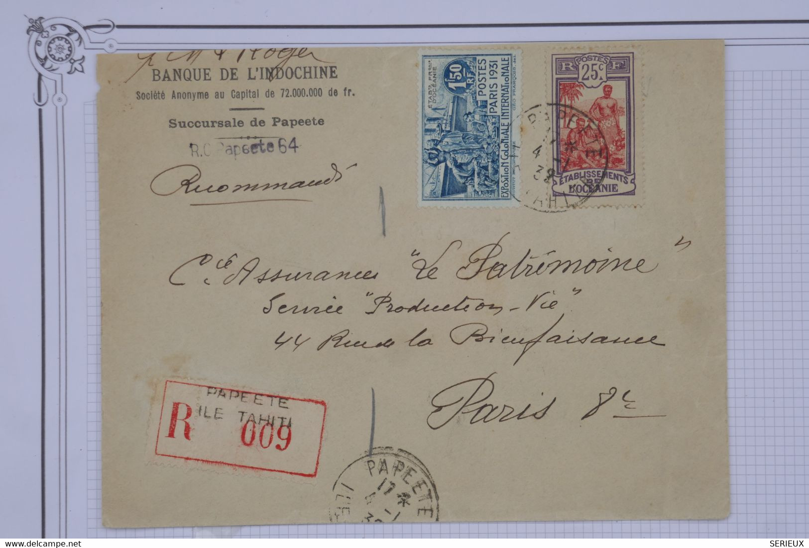 C  ETS FRANCE OCEANIE  BELLE  LETTRE RECOM. 1932 PAPEETE  A PARIS +N°83  1F50 +C. CIRE +BANQUE INDOCHI.AFFRANC. PLAISANT - Brieven En Documenten