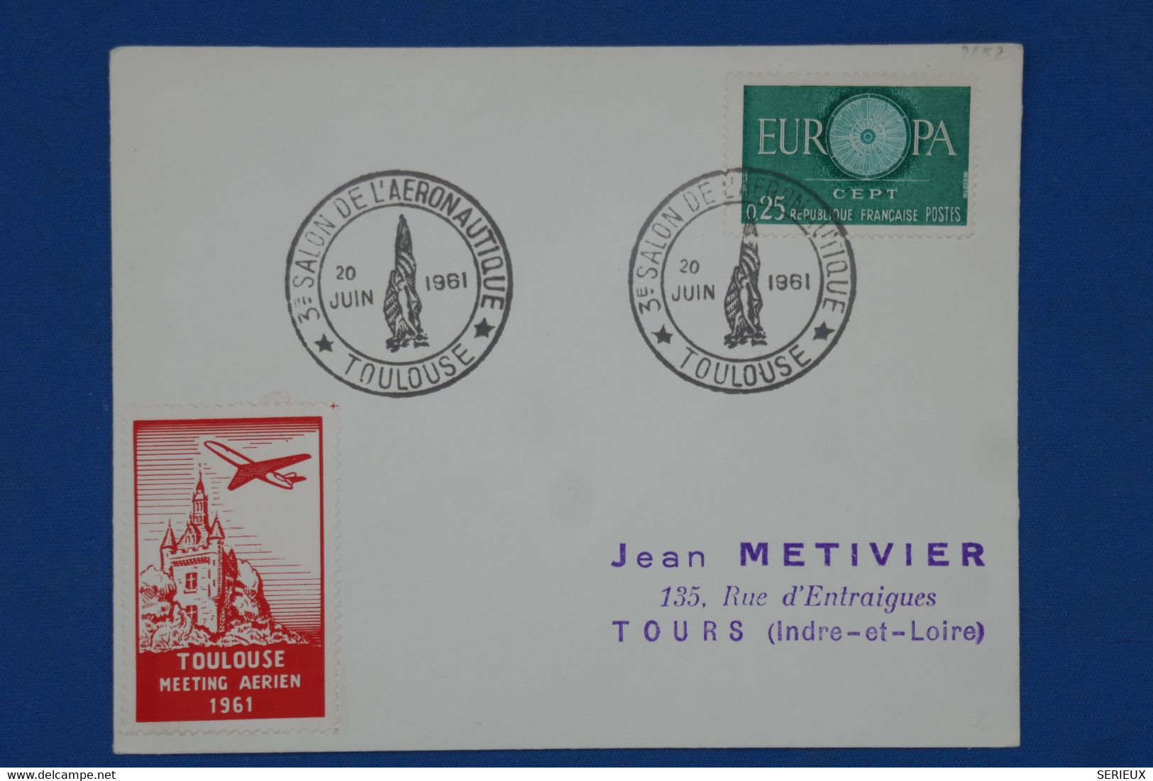 BD15 FRANCE  BELLE  LETTRE 1961 TOULOUSE  A TOURS  ++VIGNETTE MEETING  +AEROPHILATELIE+++AFFRANC. IPLAISANT - 1960-.... Lettres & Documents