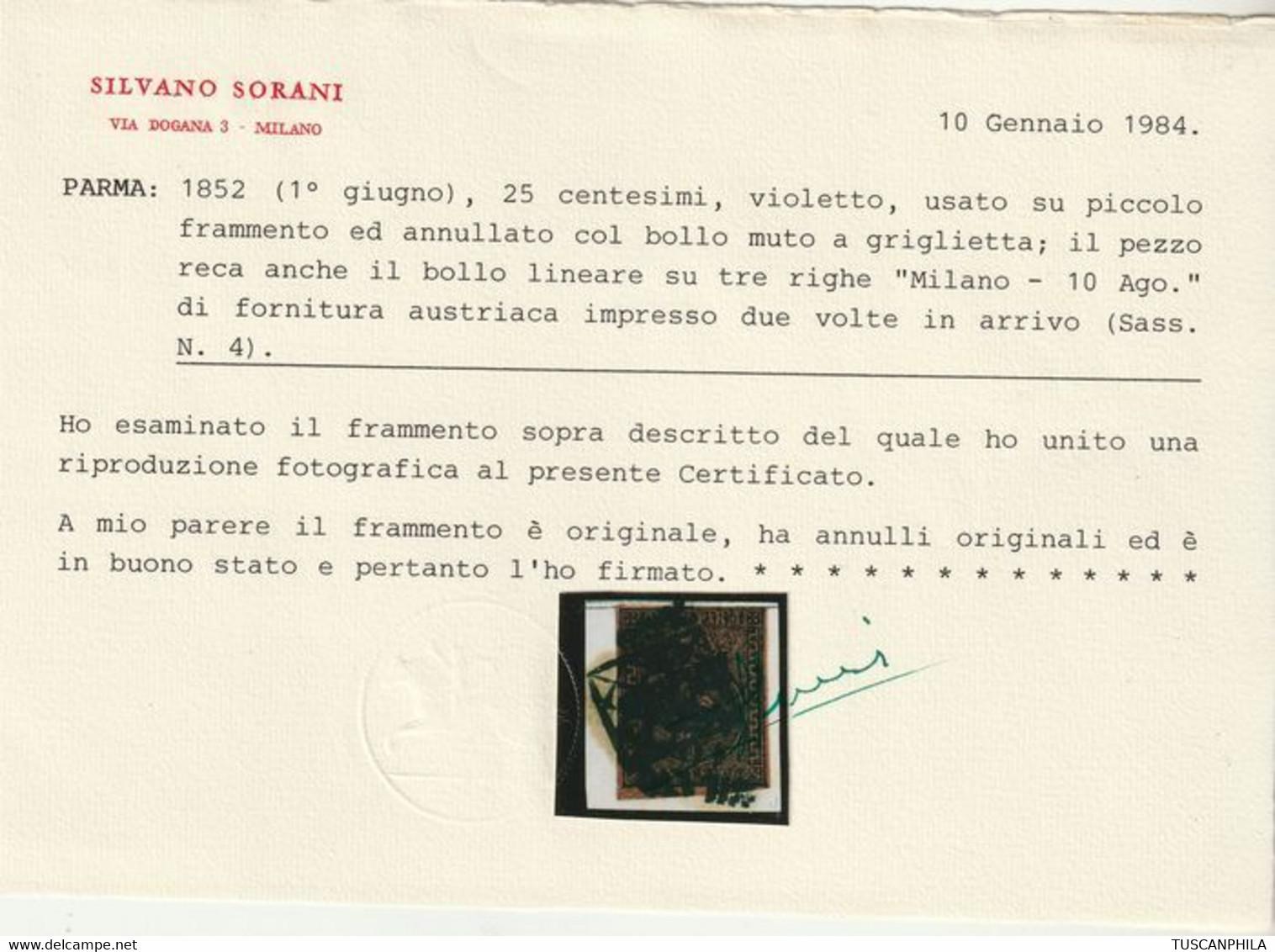 I Em. 25 C. Violetto Usato Con Annullo Milano + Griglietta Insieme Molto Raro Certificato - Sassone N.4 - Parma