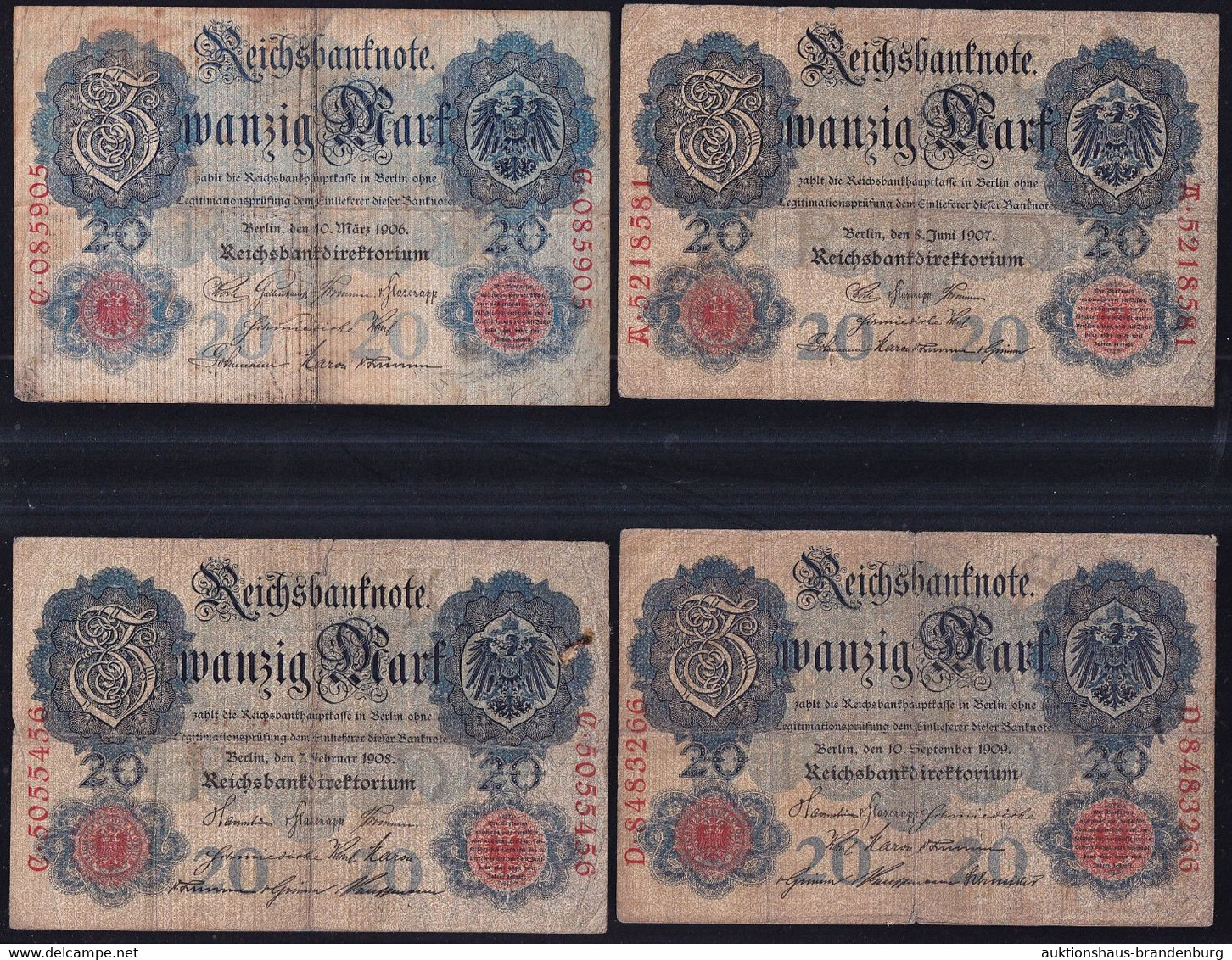 4x 20 Mark Von 1906, 1907, 1908 + 1909 - Reichsbank (DEU-21, 25, 29, 34) - 20 Mark