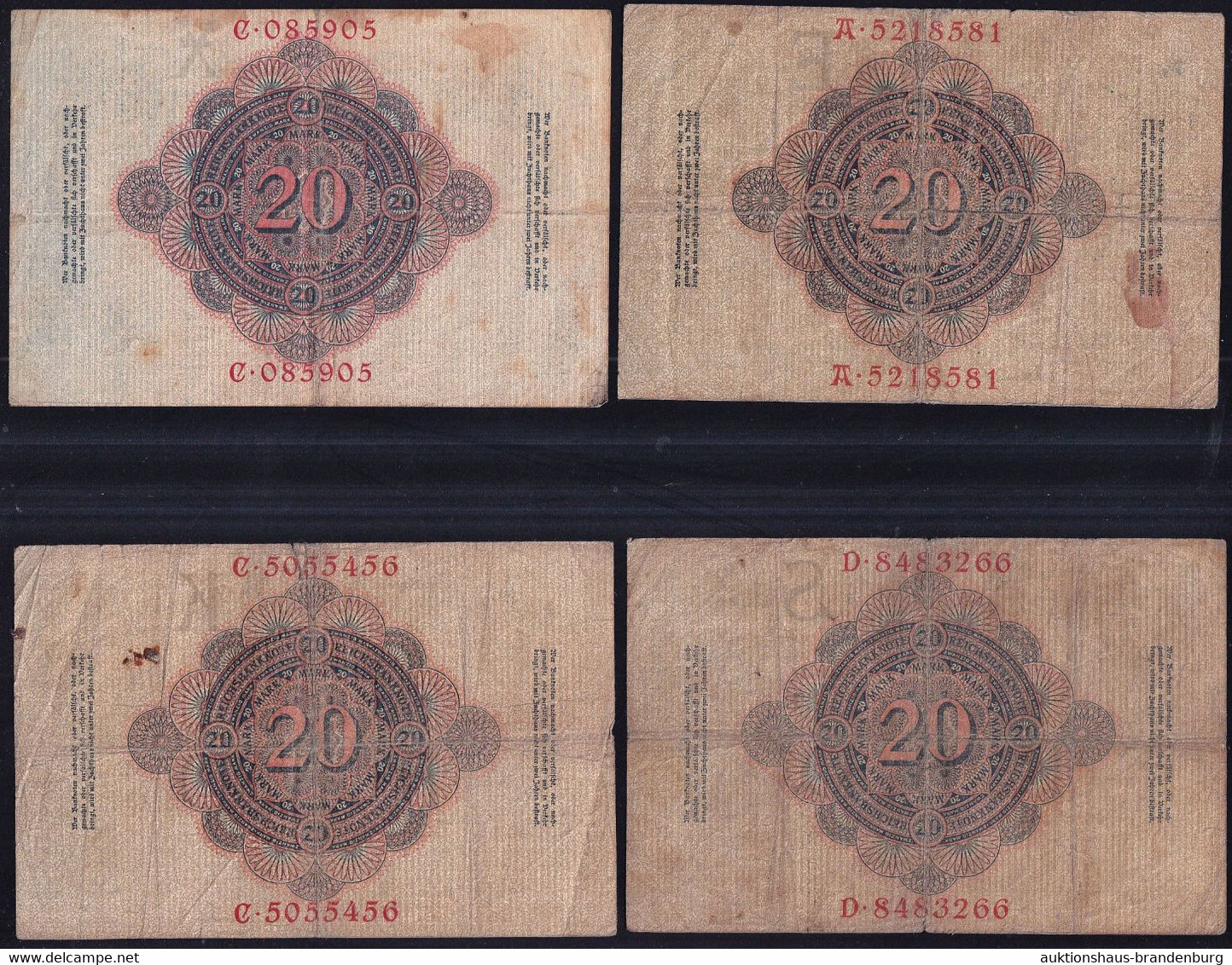 4x 20 Mark Von 1906, 1907, 1908 + 1909 - Reichsbank (DEU-21, 25, 29, 34) - 20 Mark