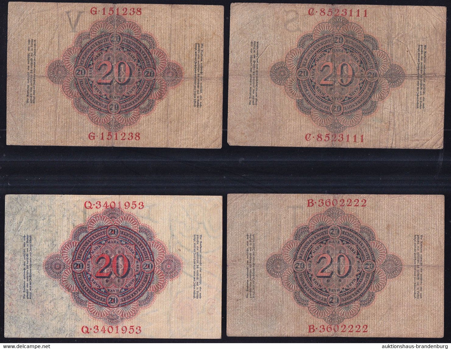 4x 20 Mark Von 1907, 1909, 1910 + 1914 - Reichsbank (DEU-25, 34, 37a, 41b) - 20 Mark