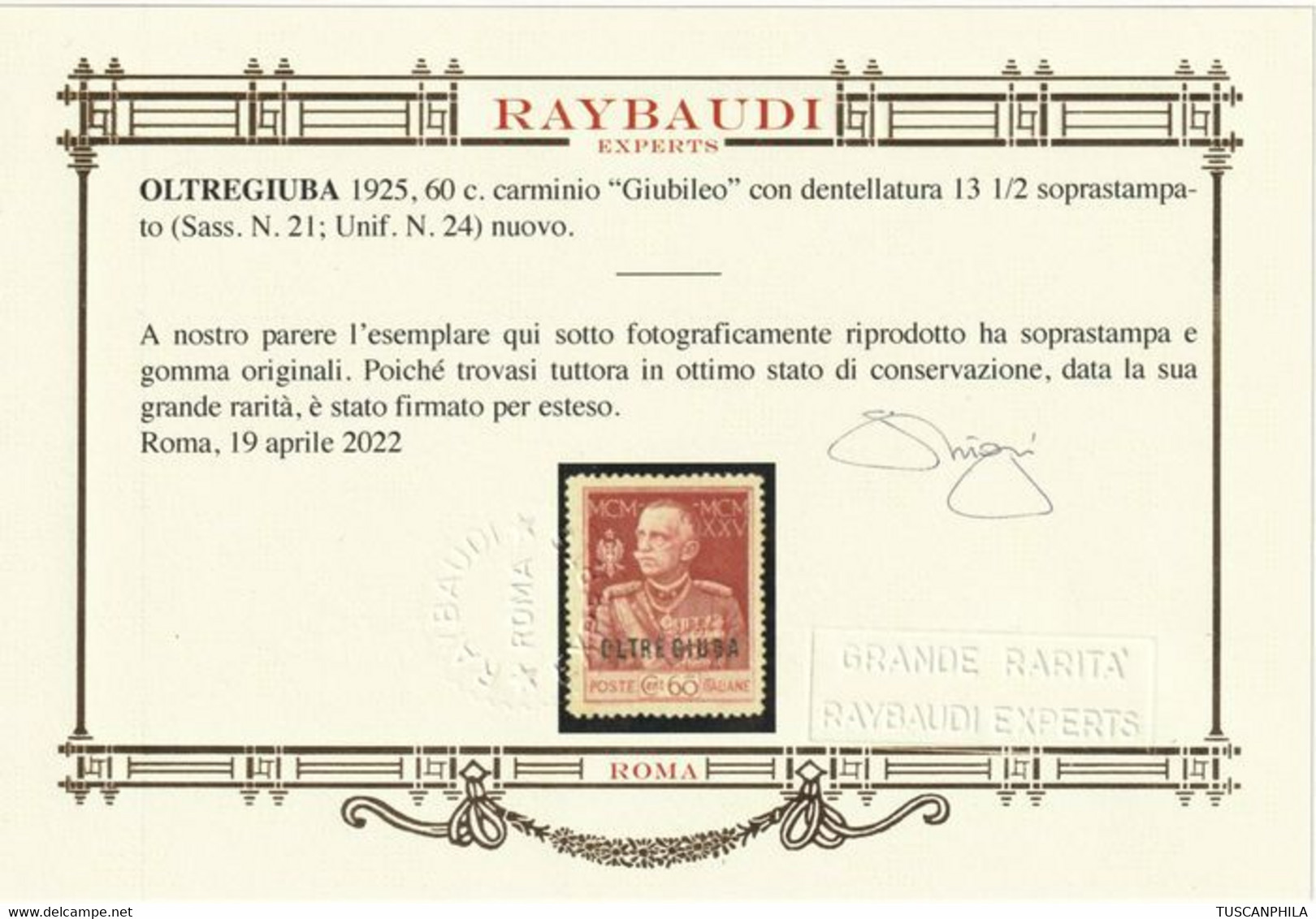 Oltregiuba Italiana 1925 - Giubileo 60 C. Carminio D.13 1/2 Nuovo Con Piena Gomma Rarità Certificata - Sassone N.24 - Oltre Giuba