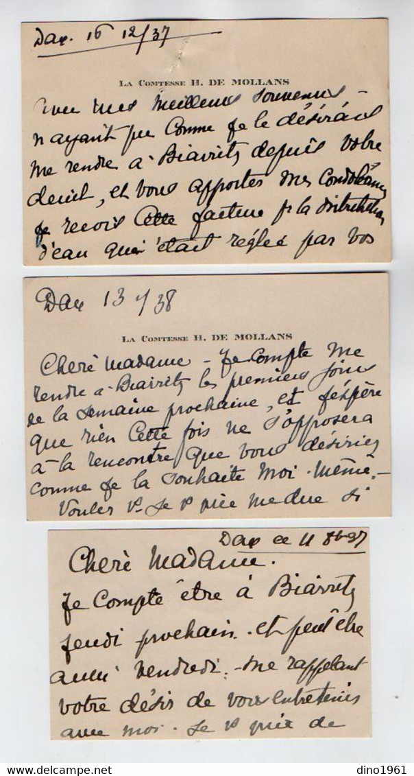 VP20.405 - DAX 1937 / 38 - Noblesse - CDV - Carte De Visite Autographe Signée X 3 - Mme La Comtesse H. De MOLLANS - Cartoncini Da Visita