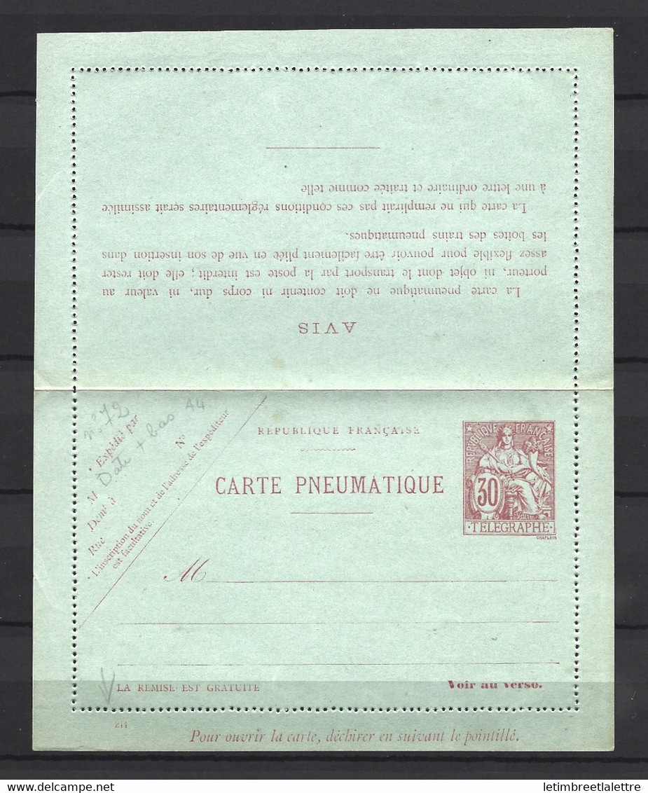 ⭐ France - Carte Pneumatique - Télégraphe - N° 72 ⭐ - Pneumatic Post