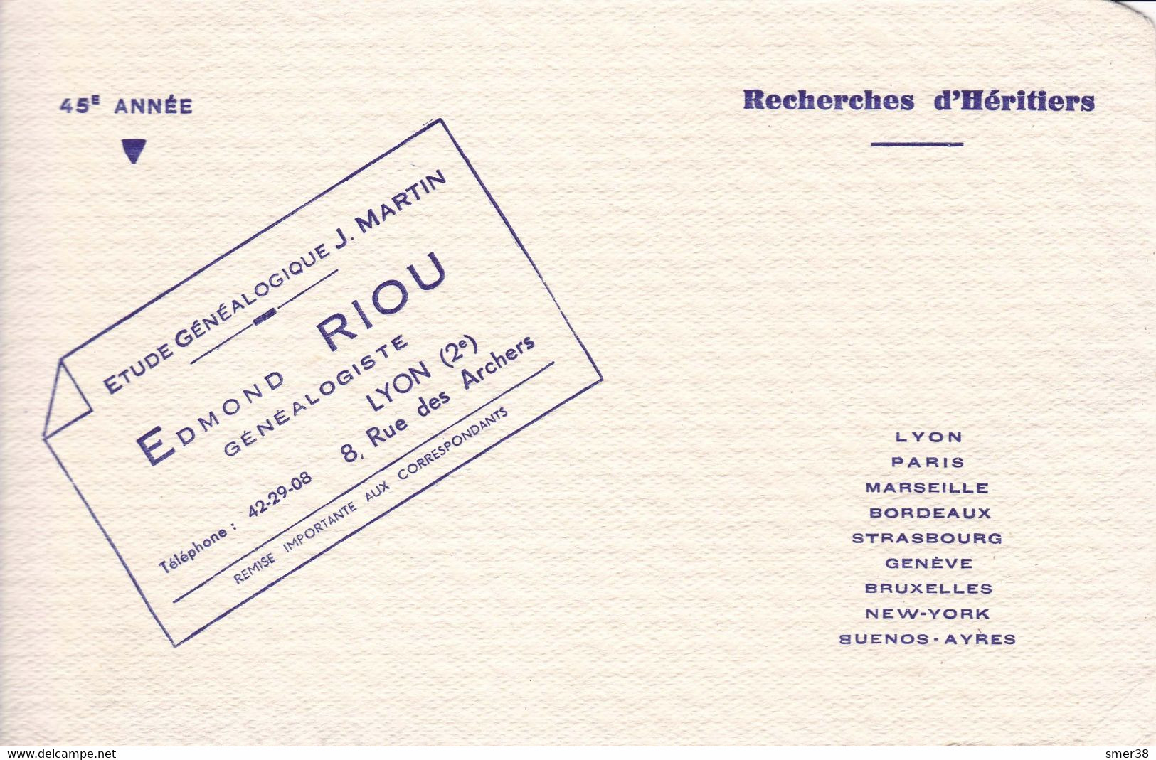 BUVARD ETUDE GENEALOGIQUE Edmond RIOU - Lyon 2eme - 8 Rue Des Archers - G