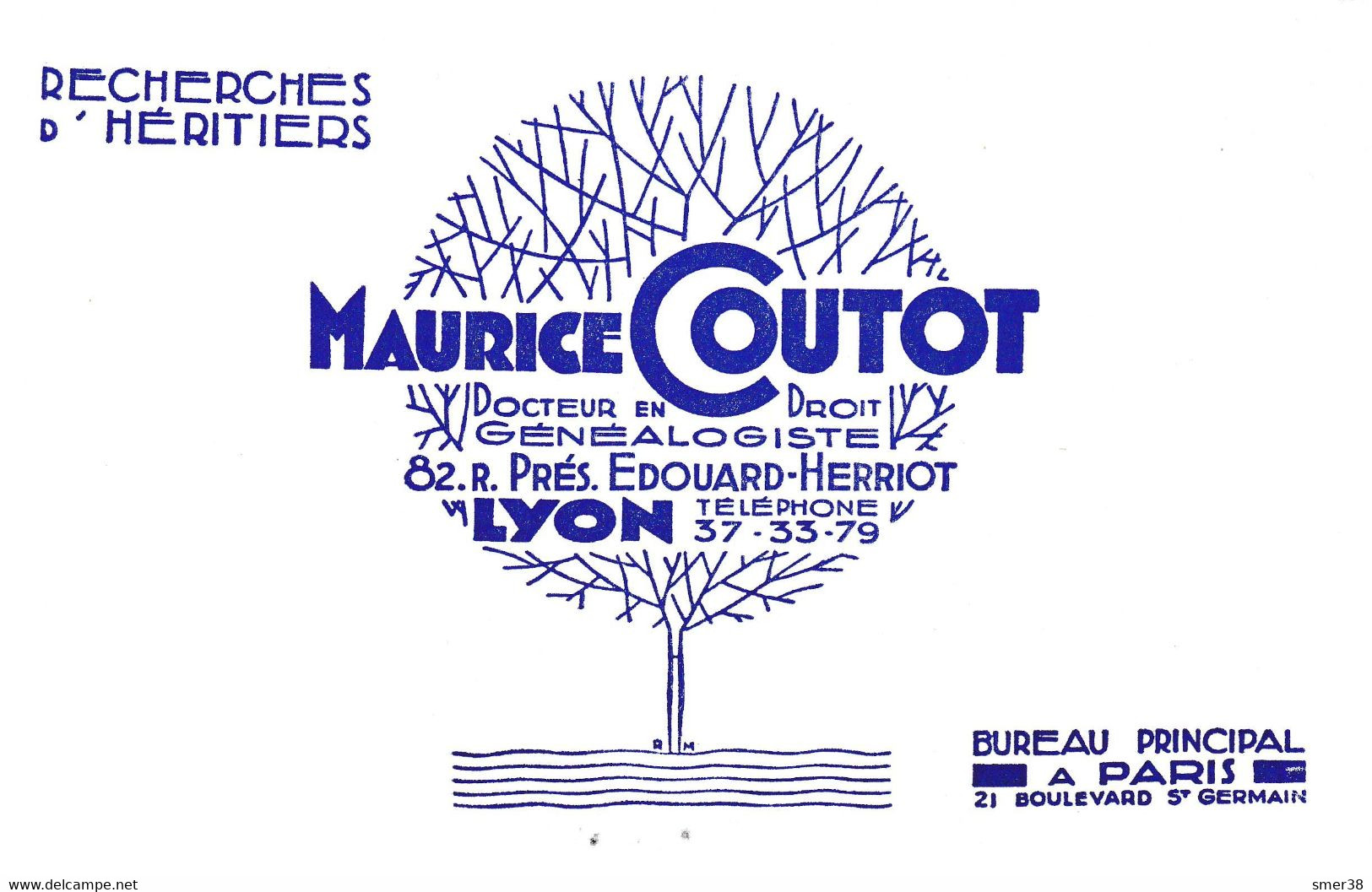 BUVARD ETUDE GENEALOGIQUE Maurice COUTOT - Lyon   - 82 Rue Président Edouard HERRIOT - G