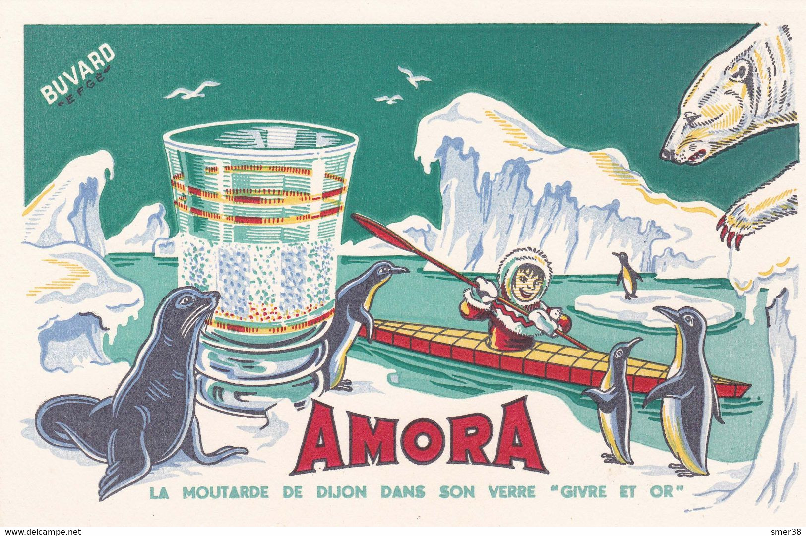 Buvard Publicitaire  - Moutarde AMORA Verre "givre Et Or" Banquise Ours Phoque Eskimau Pingouin Kayak - Senf