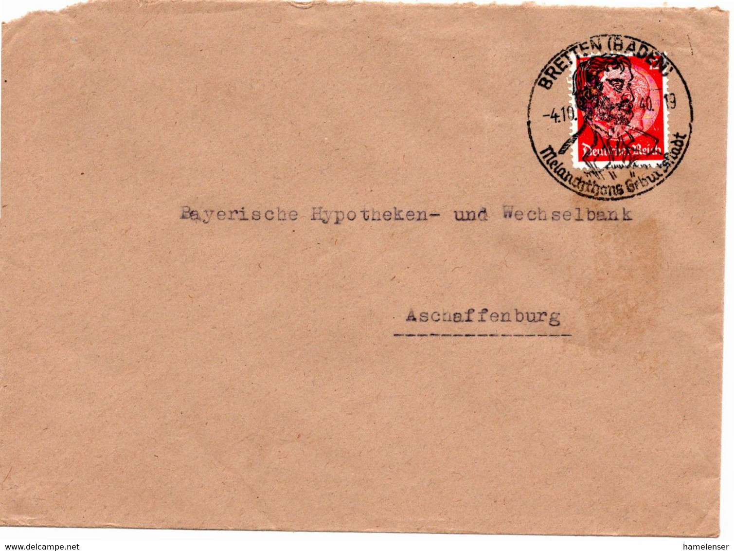 54558 - Deutsches Reich - 1940 - 12Pfg Hindenburg EF A Bf BRETTEN - MELANCHTHONS GEBURTSSTADT -> Aschaffenburg - Médecine