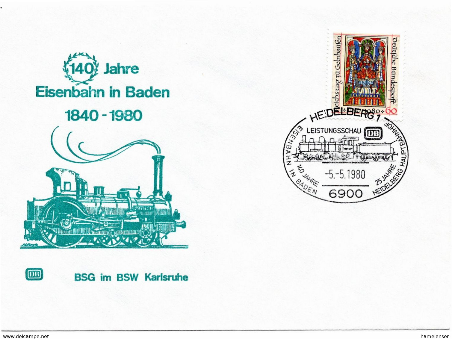 54559 - Bund - 1980 - 60Pfg Gelnhausen EF A Umschlag M SoStpl HEIDELBERG - 100 JAHRE EISENBAHN IN BADEN ... - Treni