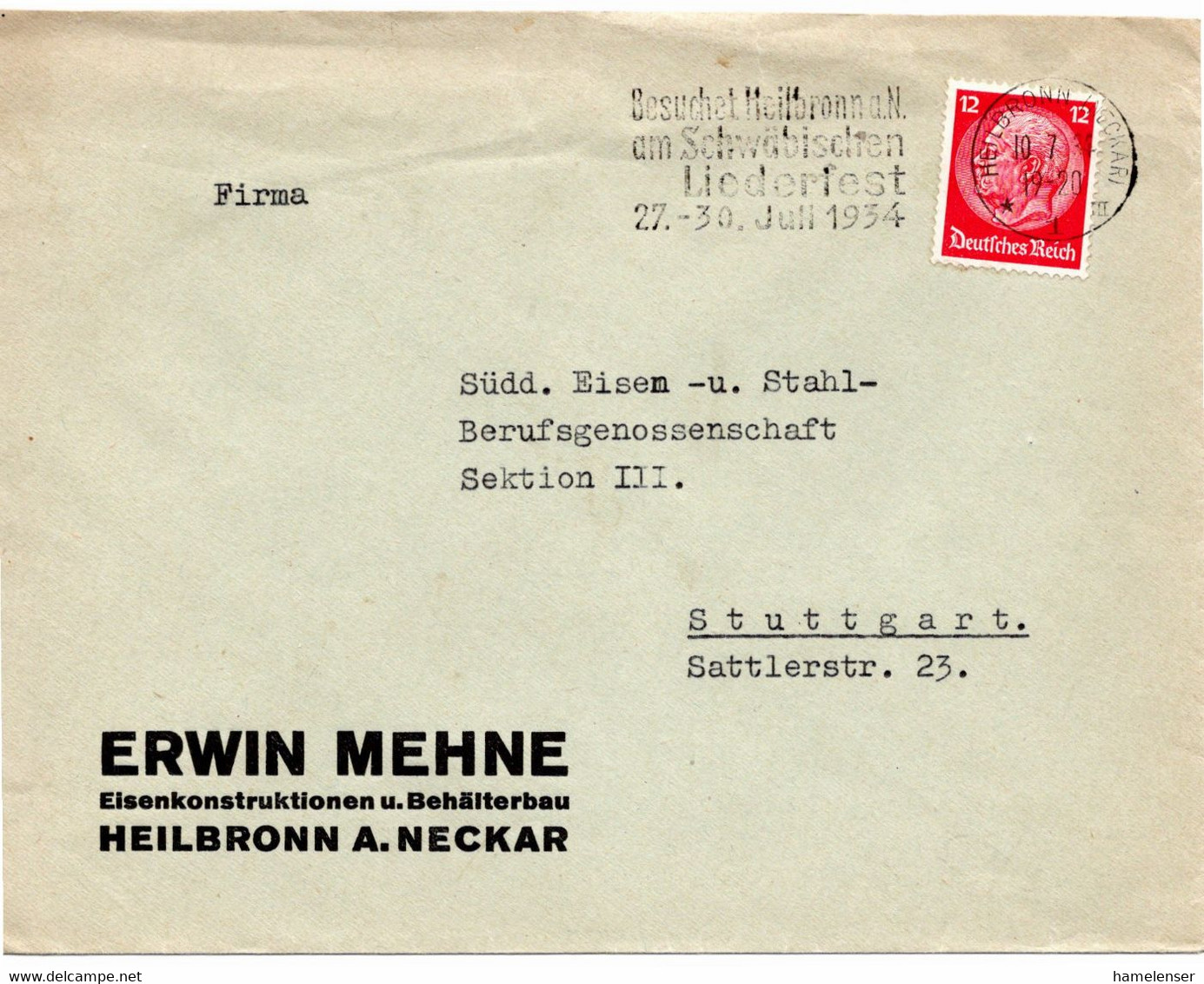 54569 - Deutsches Reich - 1934 - 12Pfg Hindenburg EF A Bf HEILBRONN - ... AM SCHWAEBISCHEN LIEDERFEST ... -> Stuttgart - Musique