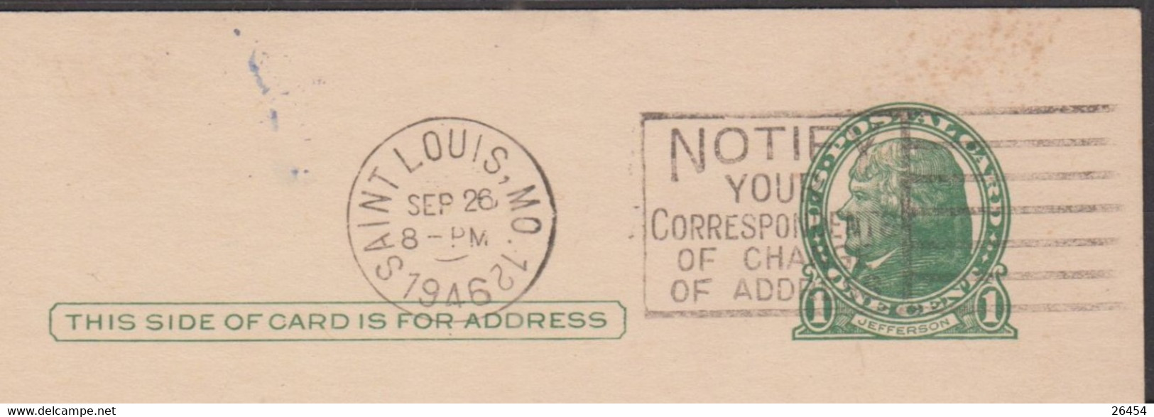 U.S.A   Entier 1 Cent De  SAINT-LOUIS.MO  Le 26 Sept 1946  Pour N.Y. - 1941-60