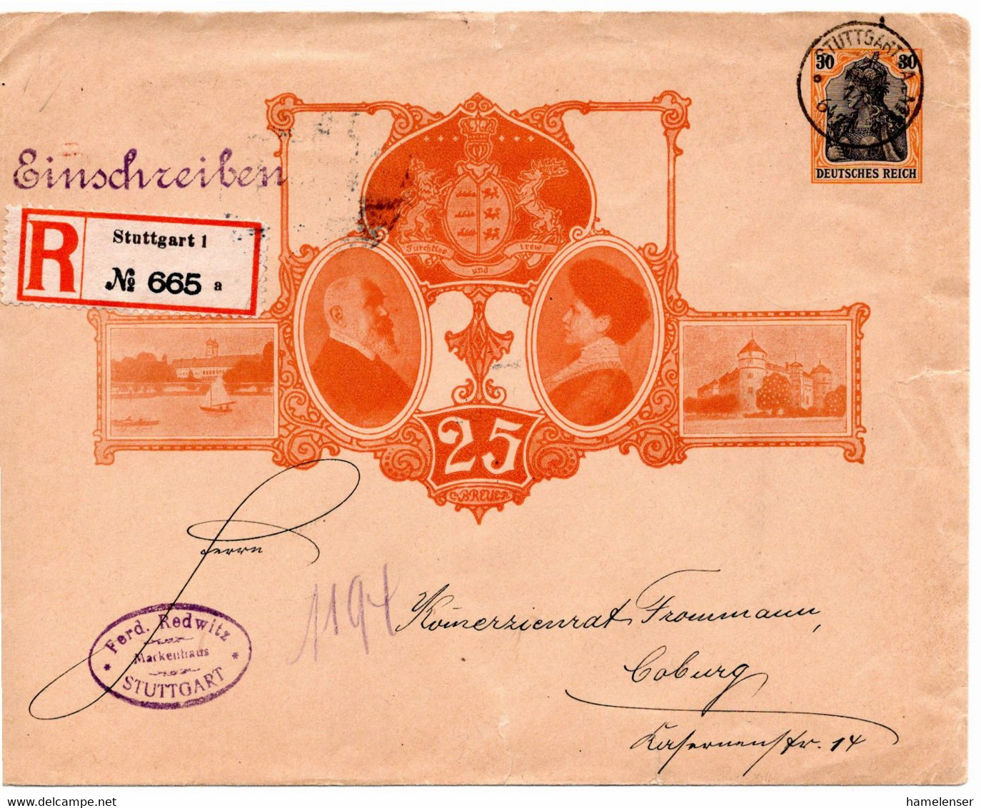 54578 - Deutsches Reich - 1911 - 30Pfg Germania R-PGAUmschlag "Silberhochzeit" STUTTGART -> COBURG, Kl Riss - Covers & Documents