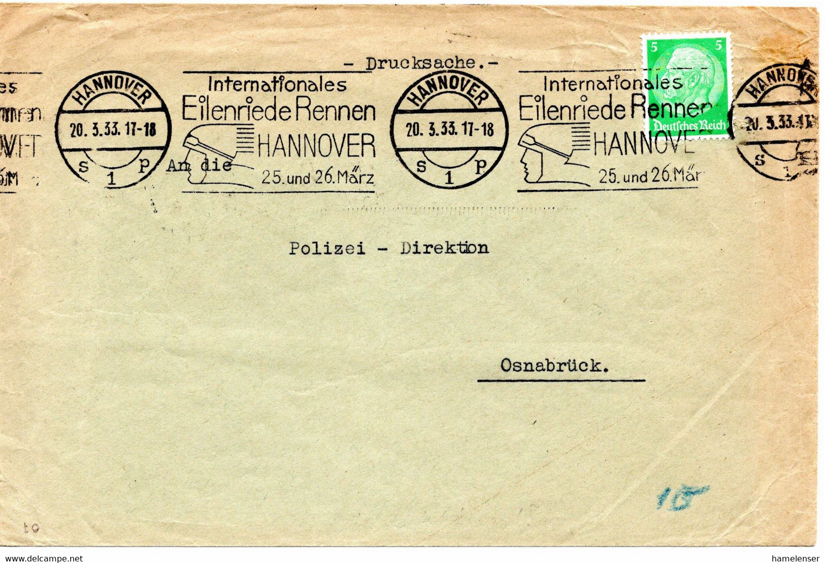 54579 - Deutsches Reich - 1933 - 5Pfg Hindenburg EF A DrucksBf HANNOVER - ... EILENRIEDE RENNEN ... -> Osnabrueck - Motorbikes