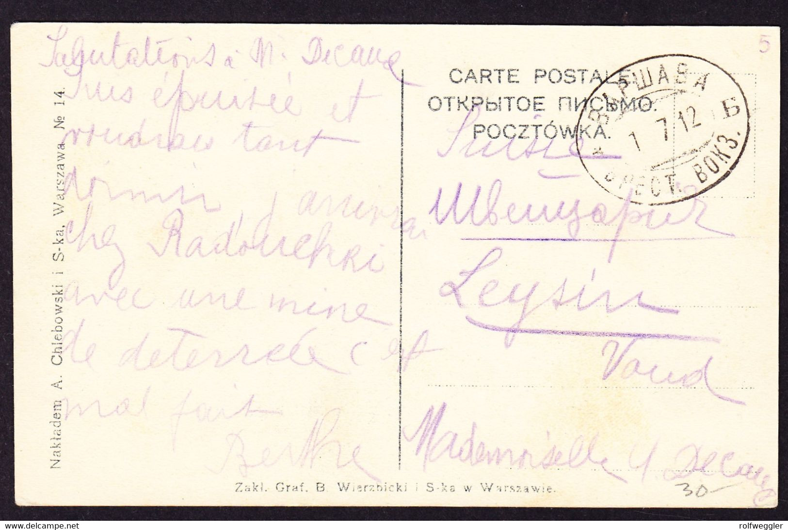 1912 AK Aus Warschau Nach Leysin, Gestempelt Bapwaba Auf Russischer Marke. Bahnstempel - Cartas & Documentos