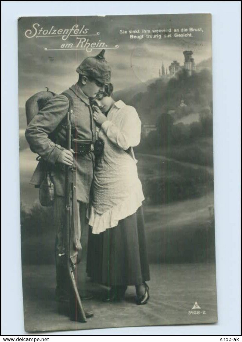 W8V15/ Frau + Soldat Mit Pickelhaube Und Bajonett "Stolzenfels Am Rhein" Foto AK - War 1914-18