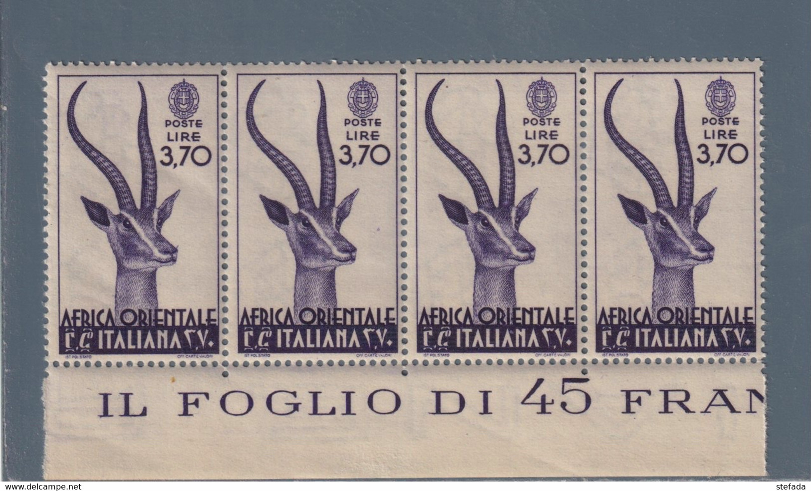 AFRICA ORIENTALE ITALIANA  1938  GAZZELLA DI GRANT LIRE 3,70   MNH** STRISCIA DI QUATTRO - Oost-Afrika