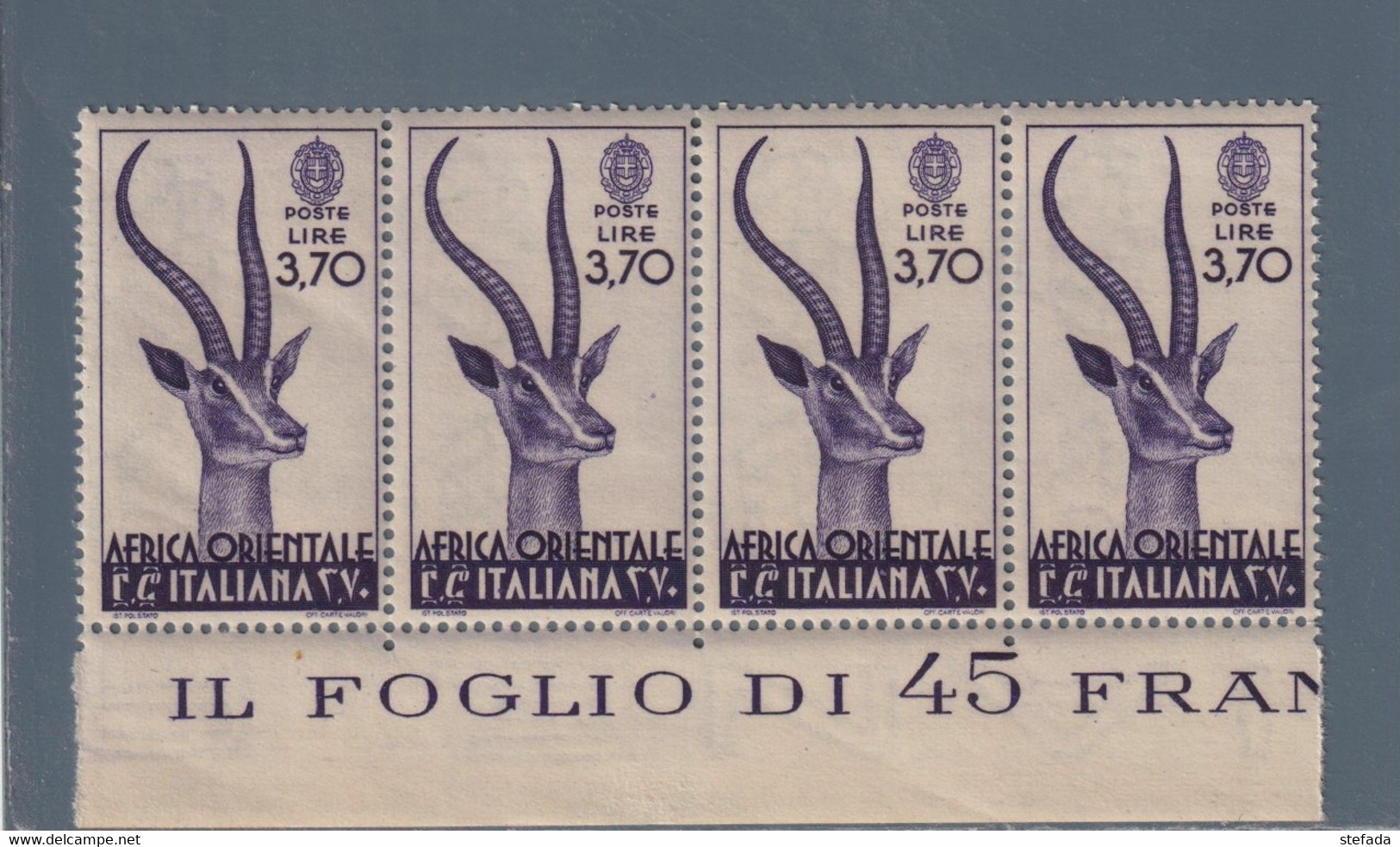 AFRICA ORIENTALE ITALIANA  1938  GAZZELLA DI GRANT LIRE 3,70   MNH** STRISCIA DI QUATTRO - Africa Orientale