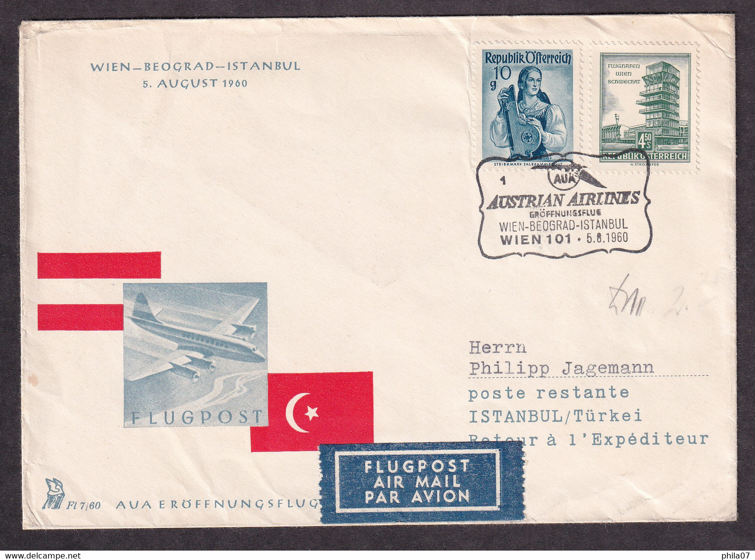 AUSTRIA - Wien-Beograd-Istanbul 1960. Traveled Envelope With Commemorative Cancel / 2 Scans - Premiers Vols