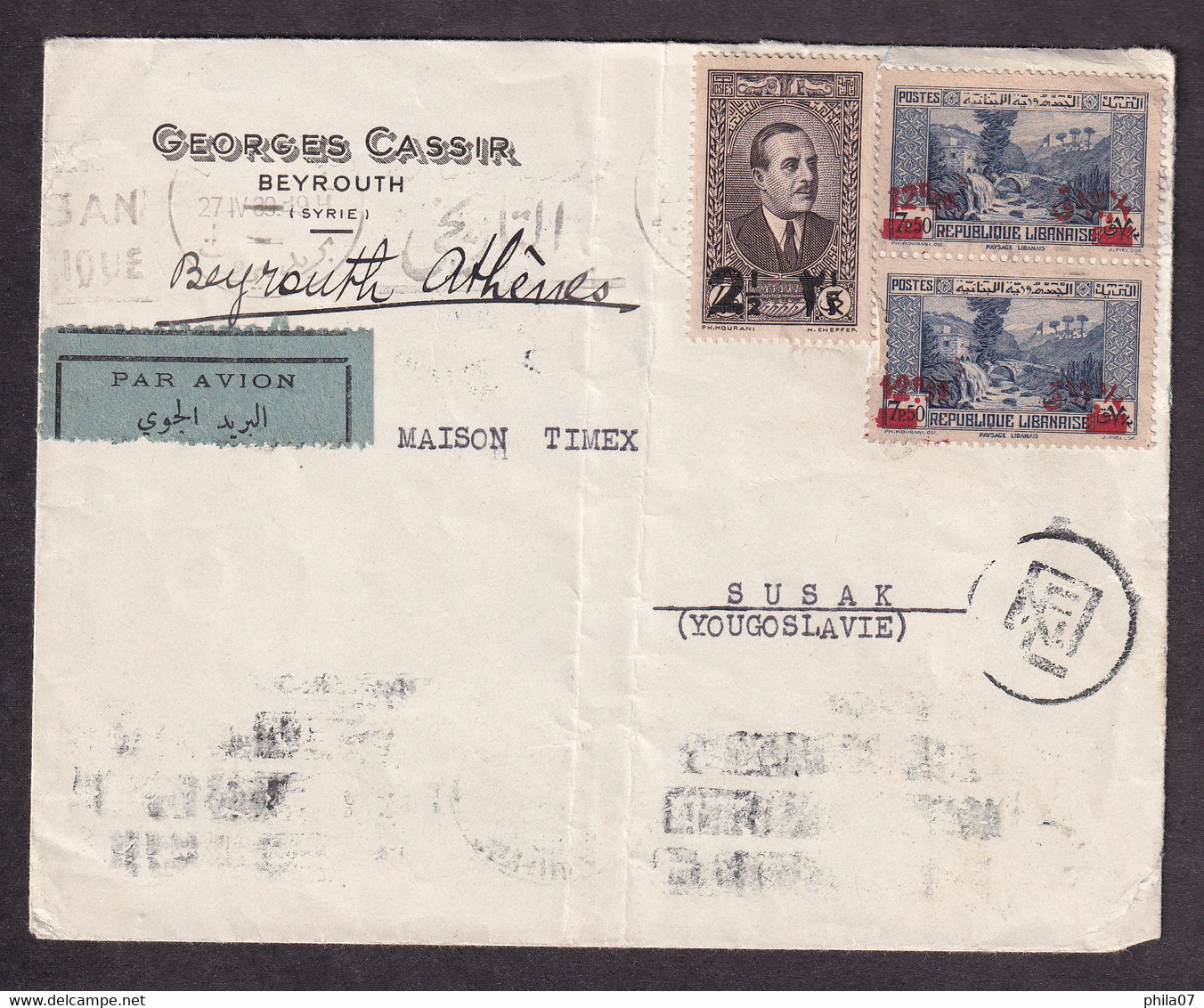 LEBANON - Envelope Sent From Beyrouth By Airplane To Susak, Yugoslavia 1939. Nice Franking. / 2 Scans - Lebanon