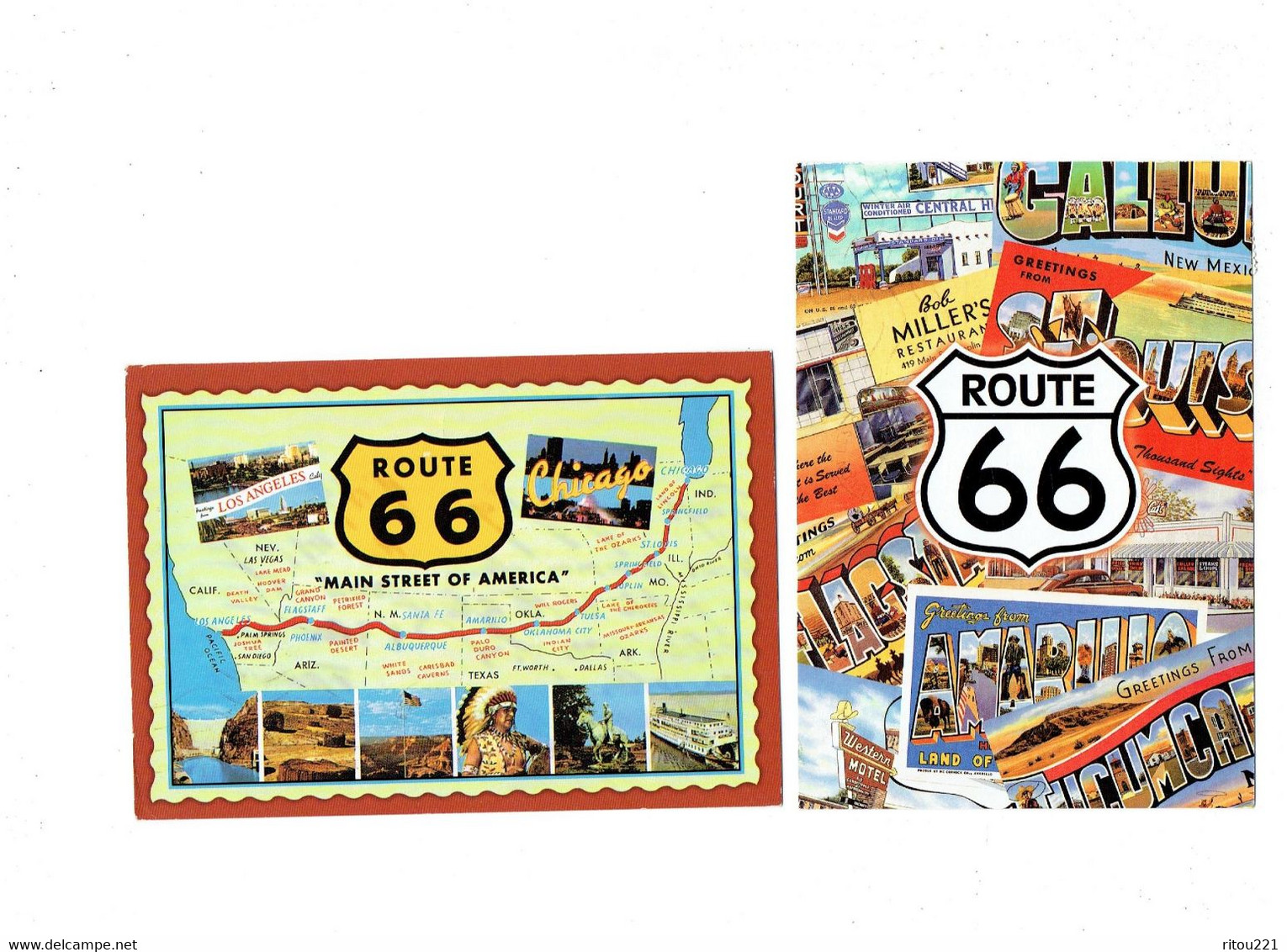 Lot 2 Cpm - USA - ROUTE 66 - Blason - Publicité BOB MILLER'S Restaurant Western Motel INDIEN BISON - Route ''66'