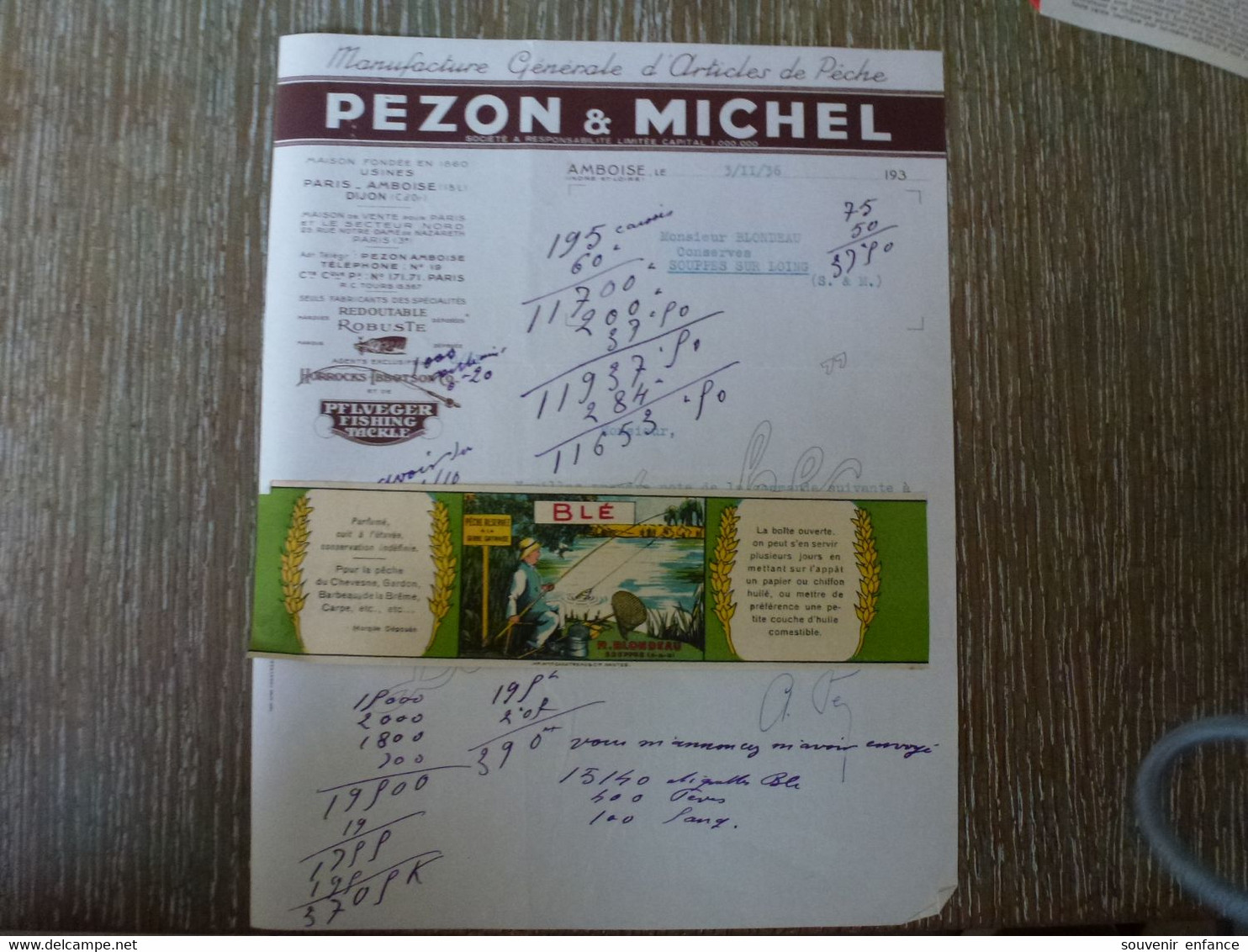 Facture Pezon Et Michel Amboise Indre Et Loire 37 Manufacture Générale D'Articles De Pêche Bondeau Souppes 1936 - Sport & Tourismus