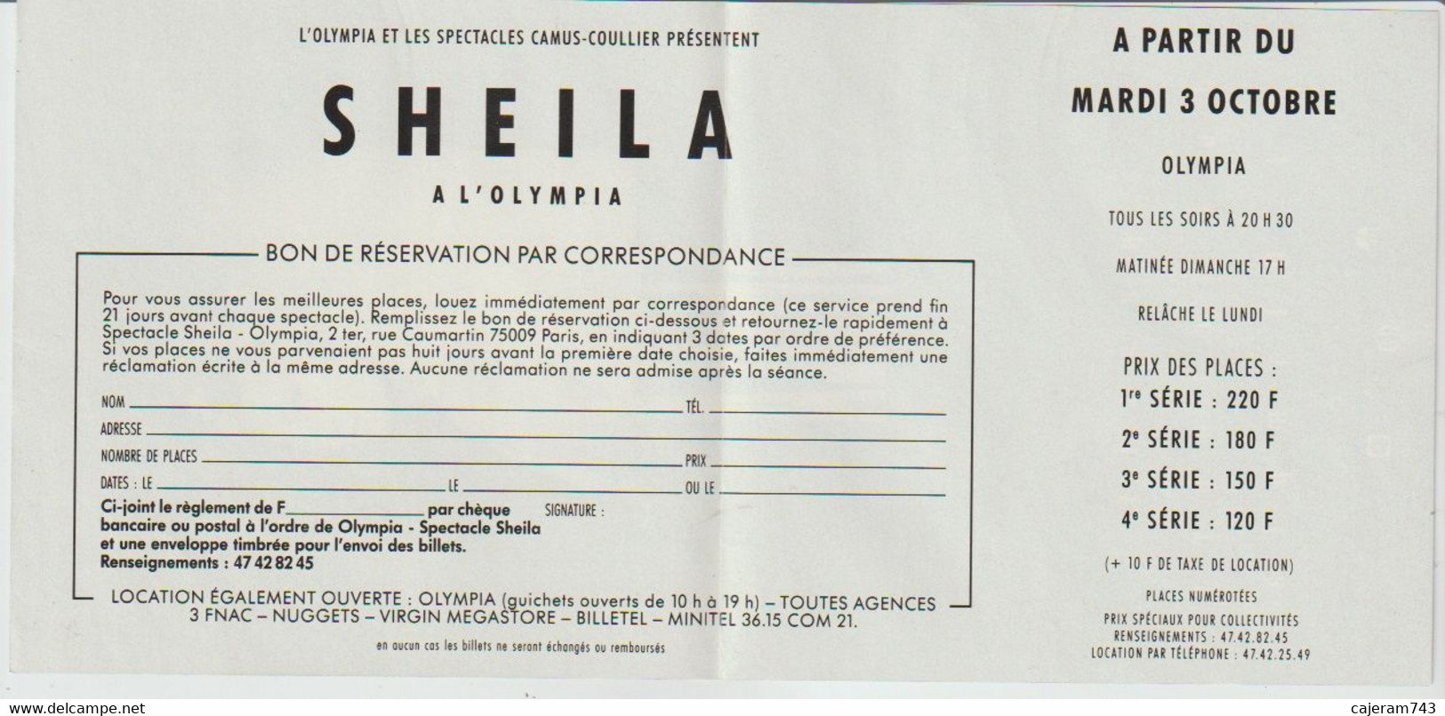 SHEILA - BON De RESERVATION "A L'OLYMPIA" - 10cm X 21cm - NEUF RARE - - Tickets De Concerts