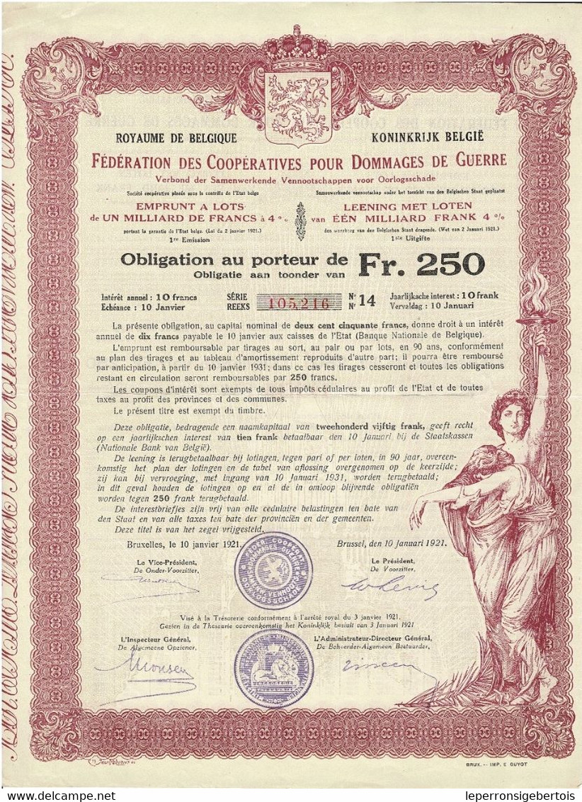 Titre De 1921- Royaume De Belgique - Fédération Des Dommages De Guerre 4 % - Emprunt à Lots De 1 Milliard De Francs - A - C