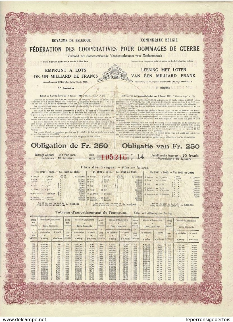 Titre De 1921- Royaume De Belgique - Fédération Des Dommages De Guerre 4 % - Emprunt à Lots De 1 Milliard De Francs - A - C