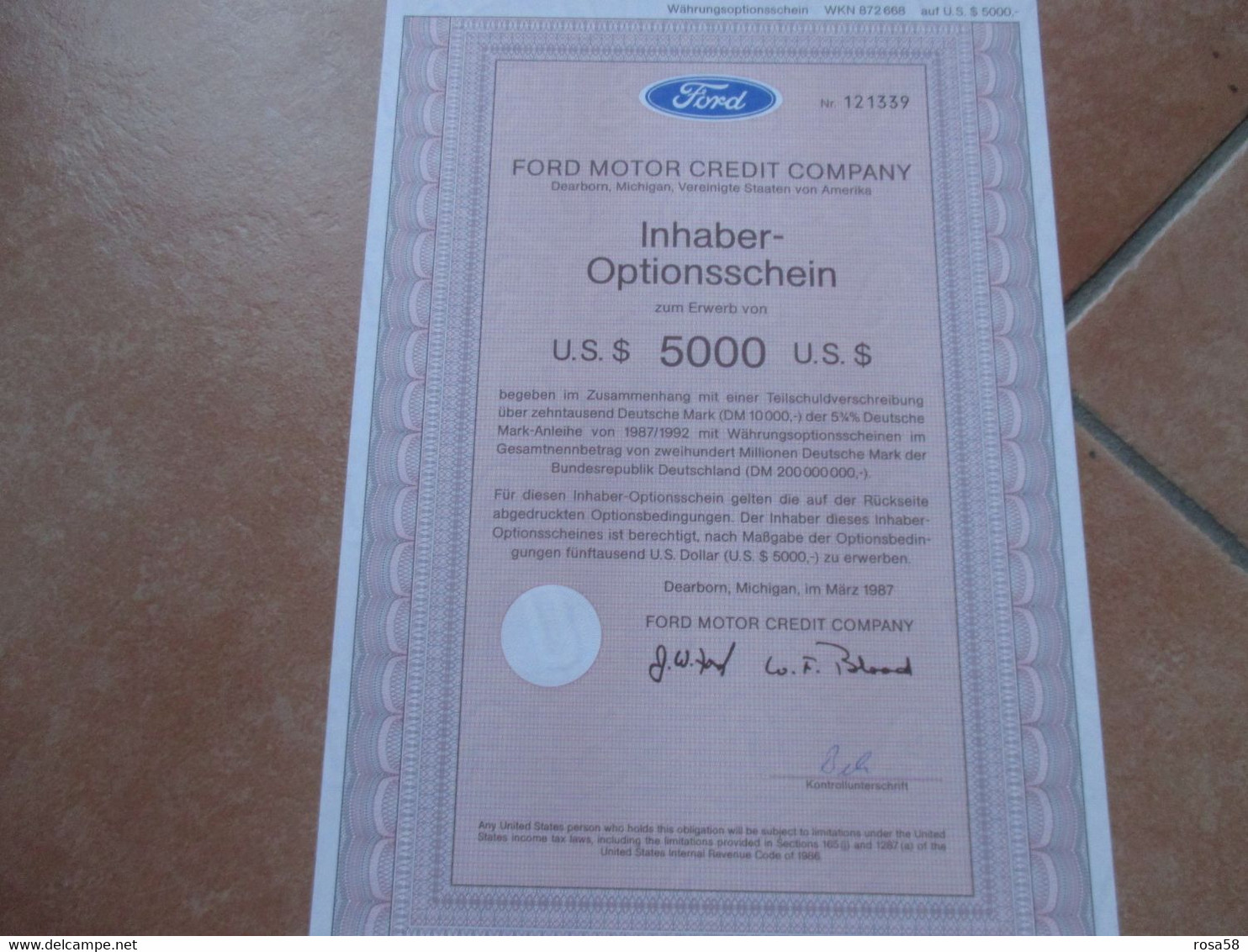 FORD MOTOR Credit Company Warrant Su Valuta 1987 1992  5.000 Dollari Timbro A Secco - Automobile