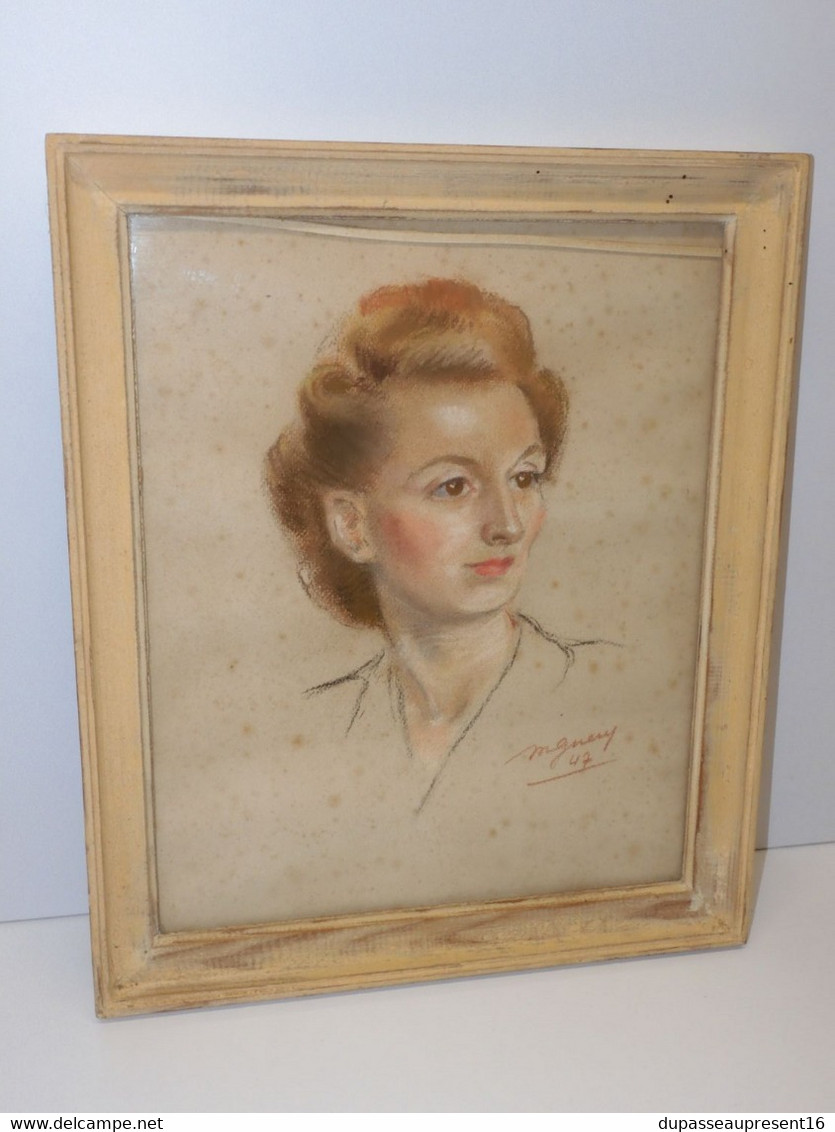 *CADRE PORTRAIT CRAYON PASTEL JEHANNE FLEURY JEUNE Signé Daté 1947 Sous Verre    E - Pastels