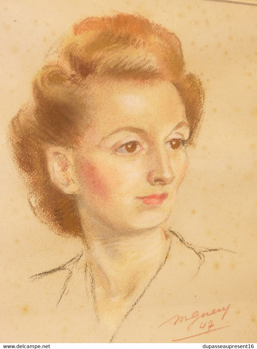 *CADRE PORTRAIT CRAYON PASTEL JEHANNE FLEURY JEUNE Signé Daté 1947 Sous Verre    E - Pastell