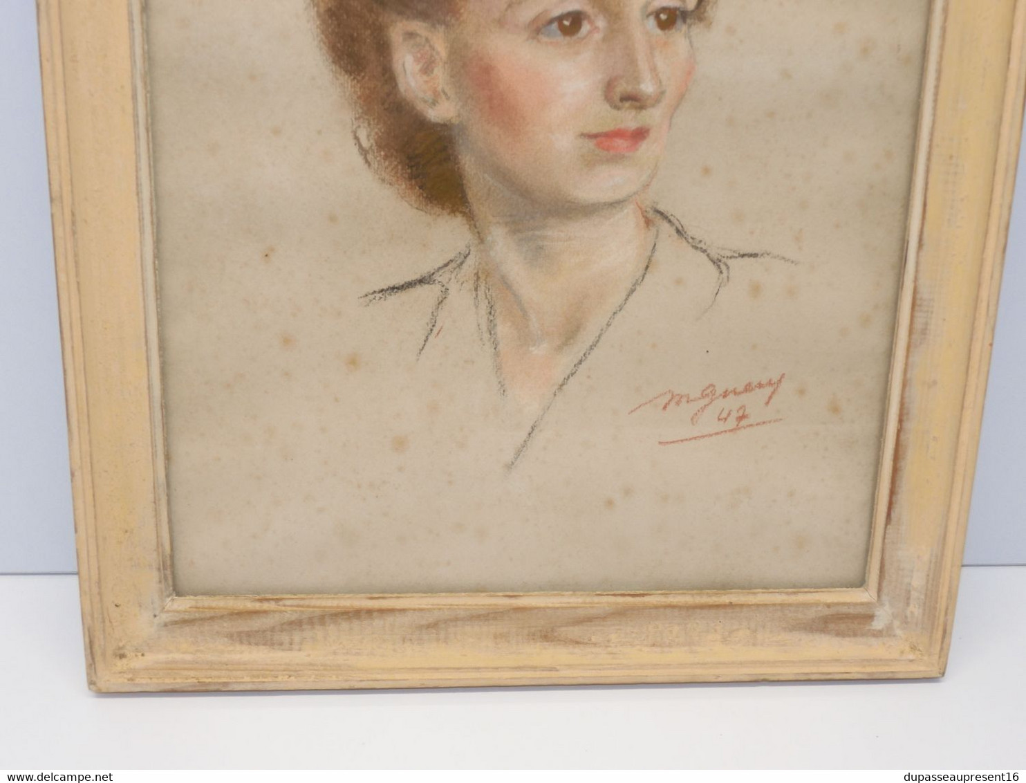 *CADRE PORTRAIT CRAYON PASTEL JEHANNE FLEURY JEUNE Signé Daté 1947 Sous Verre    E - Pastel