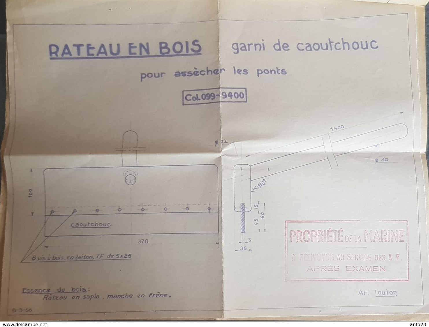 plan d un râteau en bois pour assécher les ponts des bateaux de la marine national document officiel - marine -