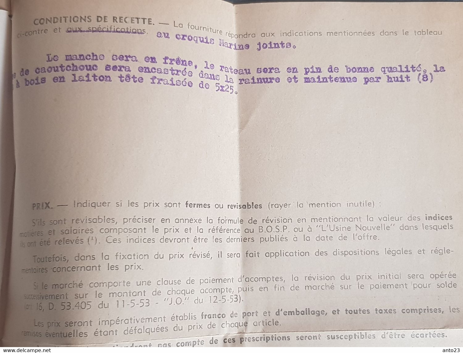 plan d un râteau en bois pour assécher les ponts des bateaux de la marine national document officiel - marine -