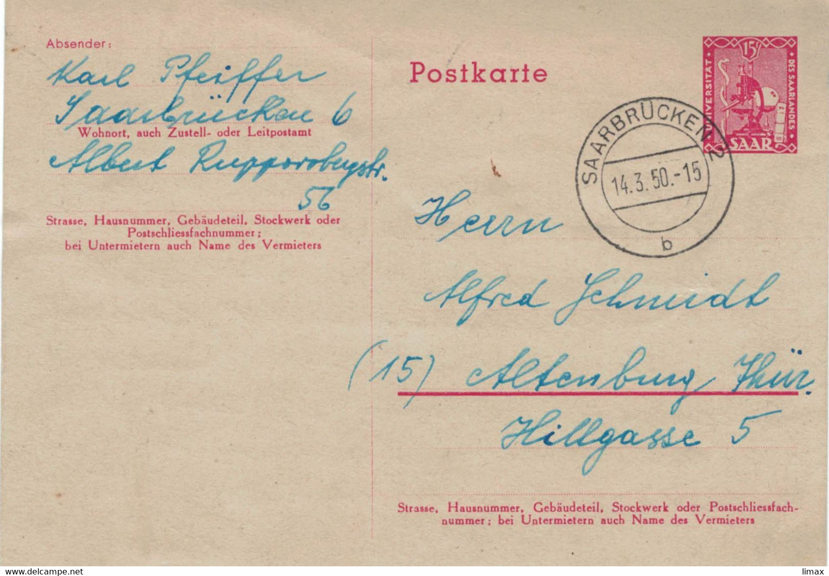 Ganzsache Universität Des Saarlandes Mikroskop Äskulap Saarbrücken 1950 > Altenburg - Enteros Postales