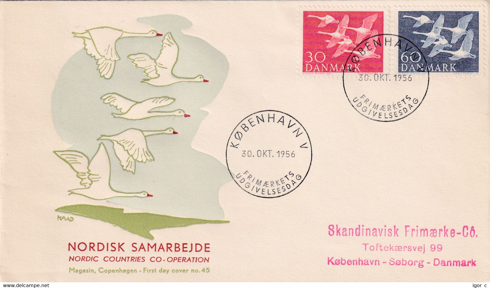 Denmark 1956 Cover: OISEAUX VÖGEL- SWAN SCHWAN CYGNE CISNE; Nordic Countries Cooperation Day; Joint Issue - Swans
