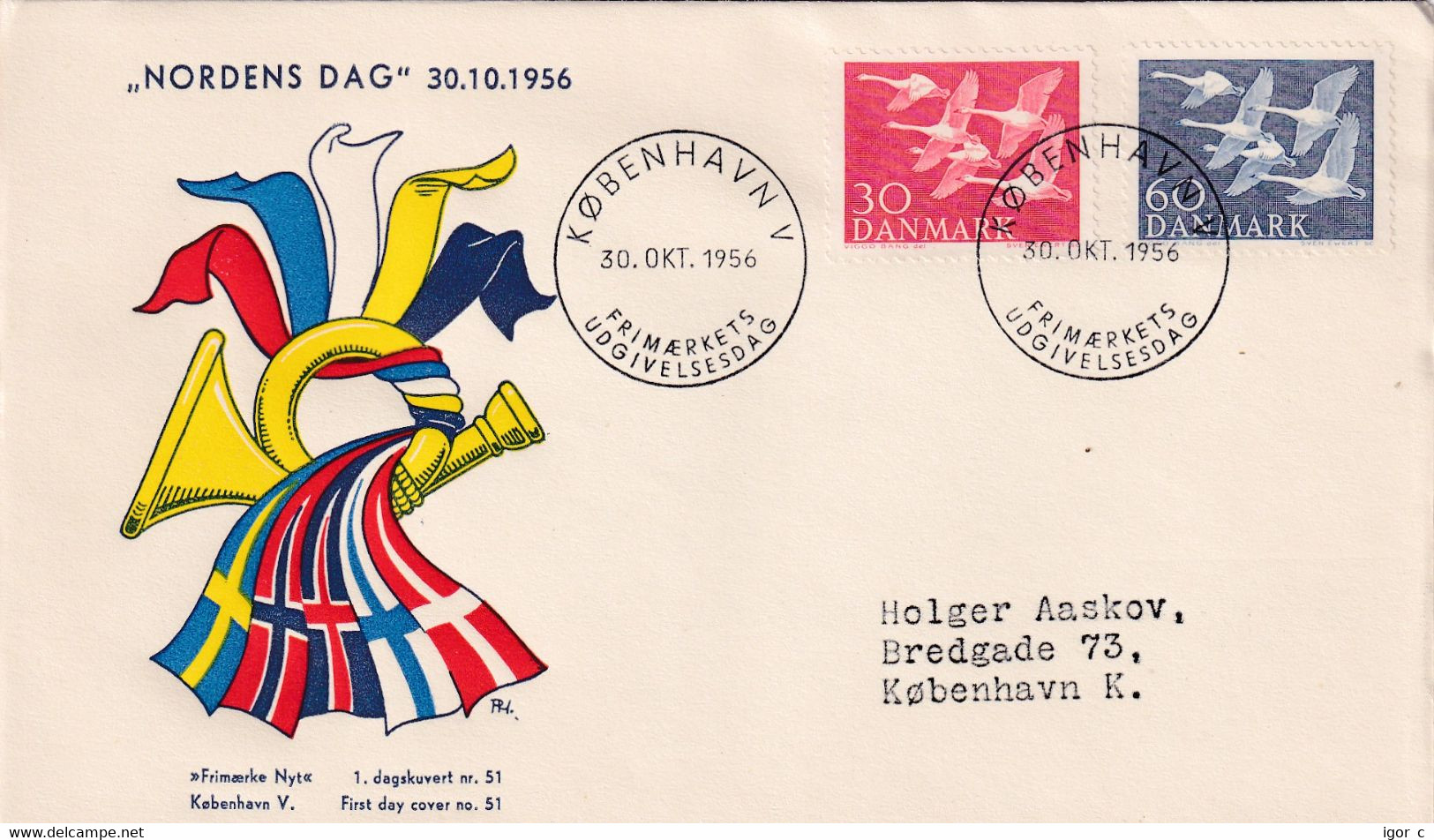 Denmark 1956 Cover: OISEAUX VÖGEL- SWAN SCHWAN CYGNE CISNE; Nordic Countries Cooperation Day; Joint Issue - Cygnes