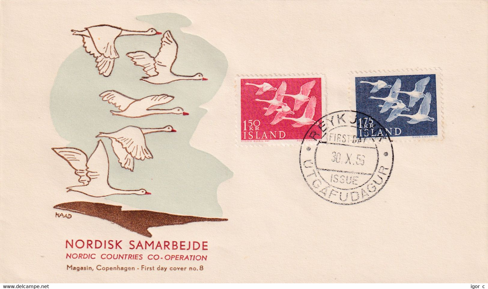 Island 1956 Cover: OISEAUX VÖGEL- SWAN SCHWAN CYGNE CISNE; Nordic Countries Cooperation Day; Joint Issue - Schwäne