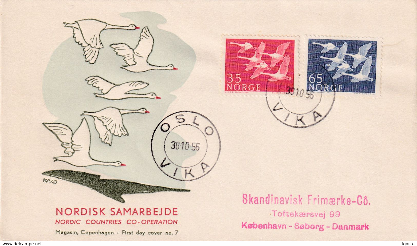 Norway 1956 Cover: OISEAUX VÖGEL - SWAN SCHWAN CYGNE CISNE; Nordic Countries Cooperation Day; Joint Issue; Oslo Vika - Cygnes