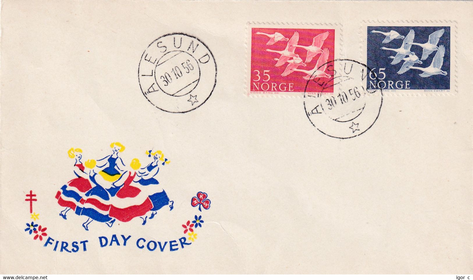 Norway 1956 Cover: OISEAUX VÖGEL - SWAN SCHWAN CYGNE CISNE; Nordic Countries Cooperation Day; Joint Issue; Alesund - Cygnes