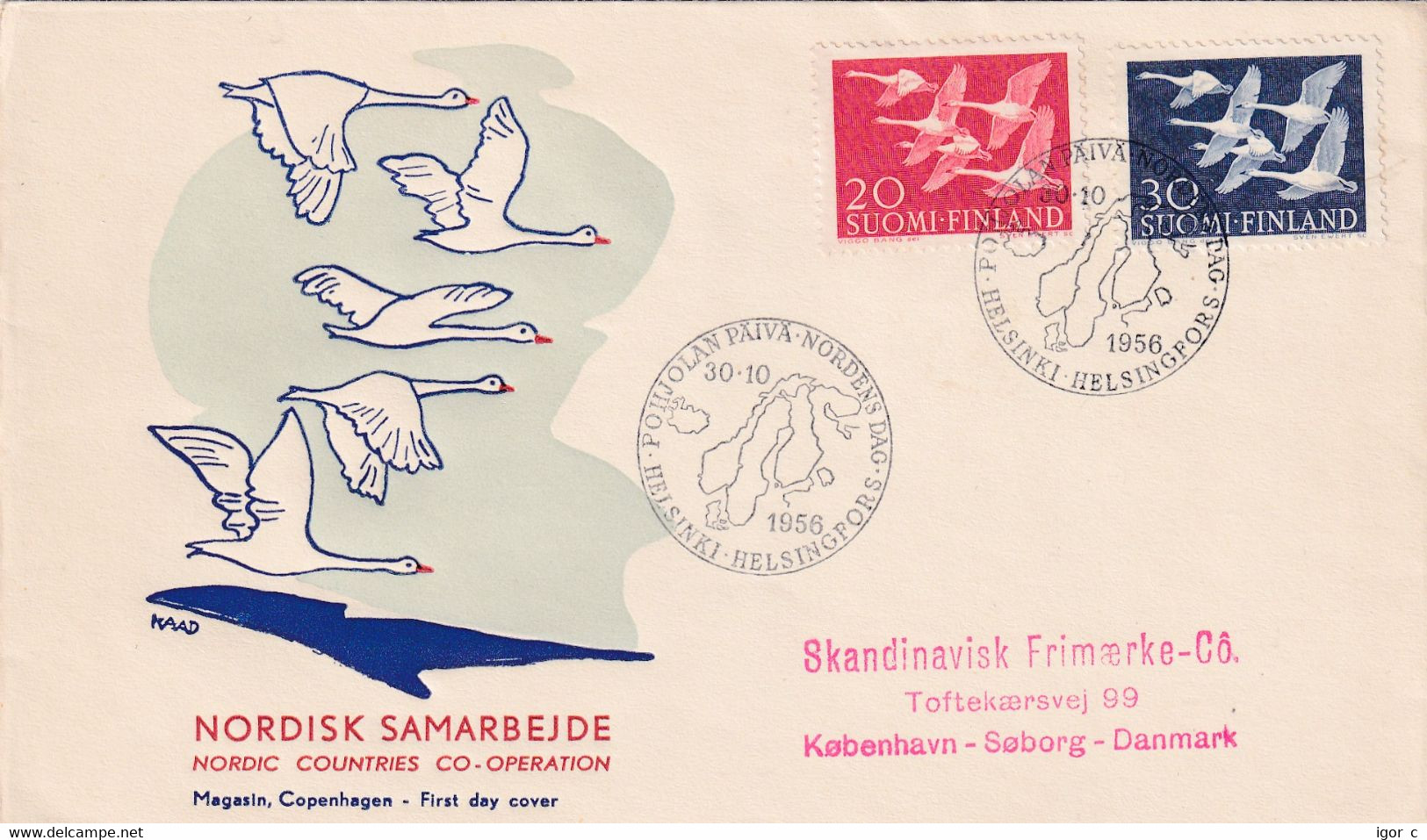 Finland 1956 Cover: OISEAUX VÖGEL - SWAN SCHWAN CYGNE CISNE; Nordic Countries Cooperation Day; Joint Issue; - Schwäne