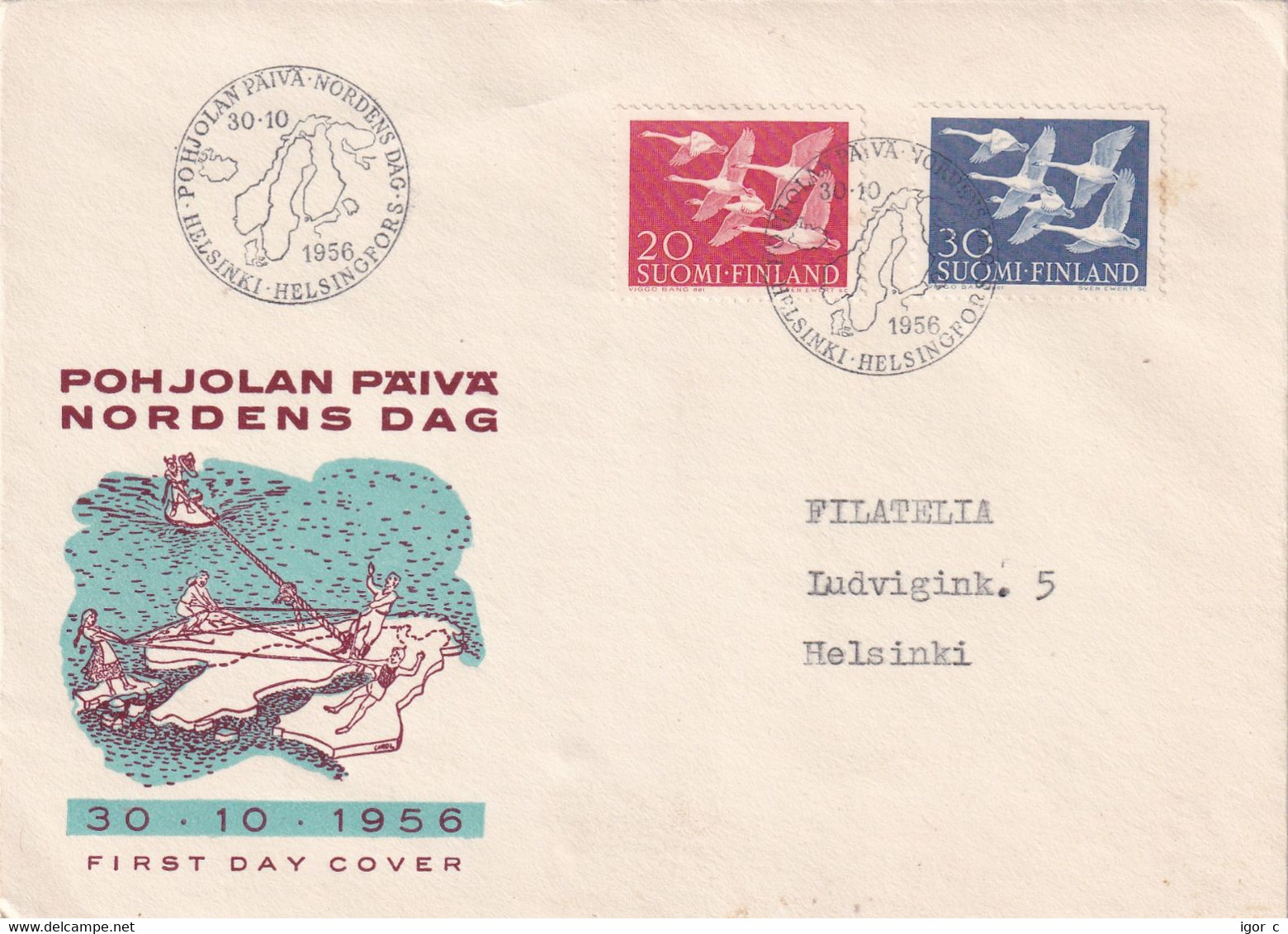 Finland 1956 Cover: OISEAUX VÖGEL - SWAN SCHWAN CYGNE CISNE; Nordic Countries Cooperation Day; Joint Issue; - Schwäne