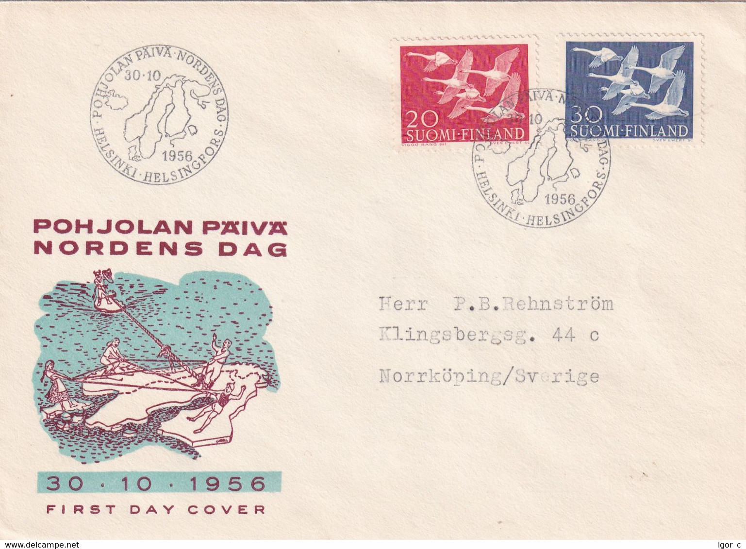 Finland 1956 Cover: OISEAUX VÖGEL - SWAN SCHWAN CYGNE CISNE; Nordic Countries Cooperation Day; Joint Issue; - Cygnes