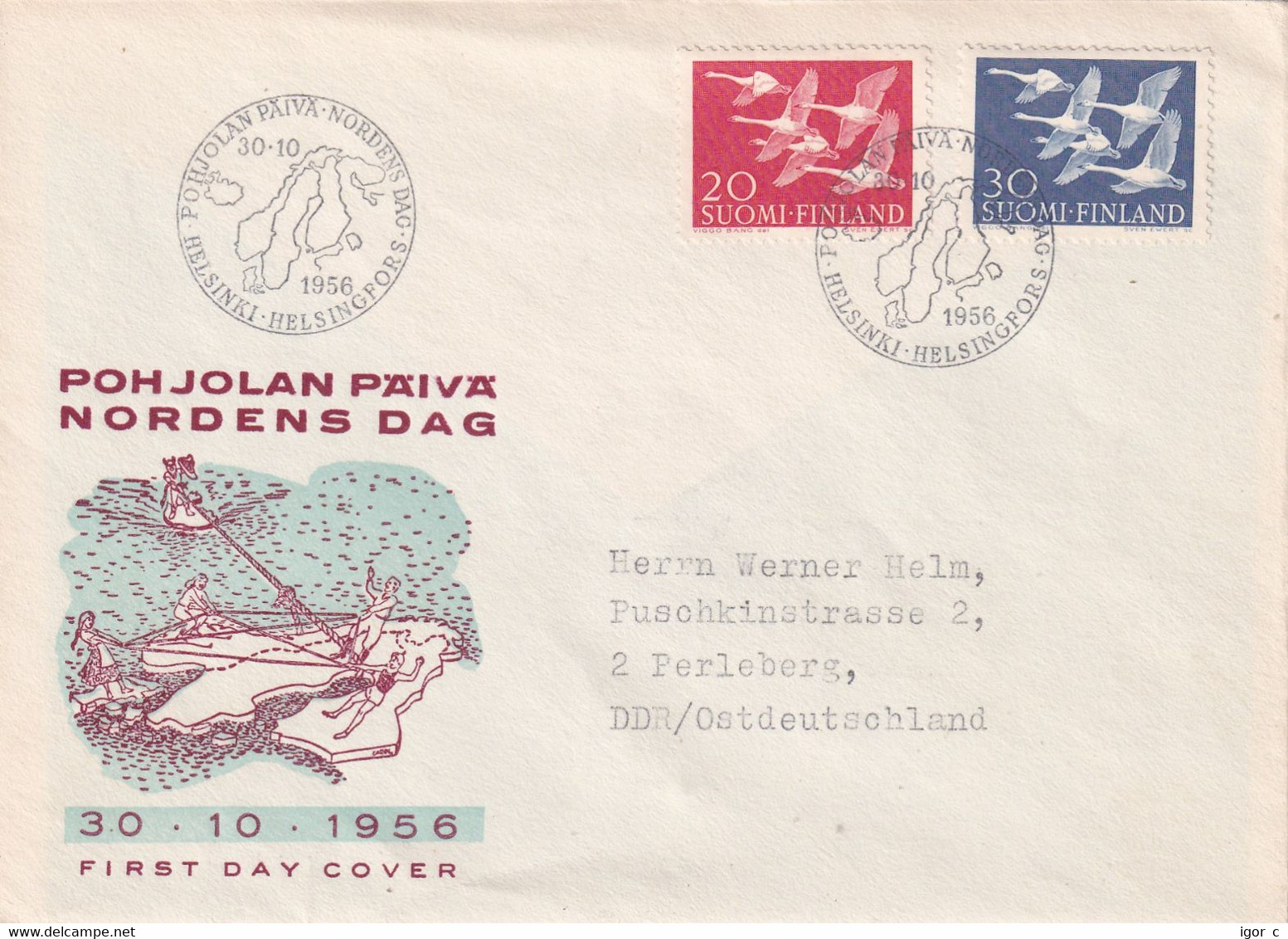 Finland 1956 Cover: OISEAUX VÖGEL - SWAN SCHWAN CYGNE CISNE; Nordic Countries Cooperation Day; Joint Issue; - Cygnes