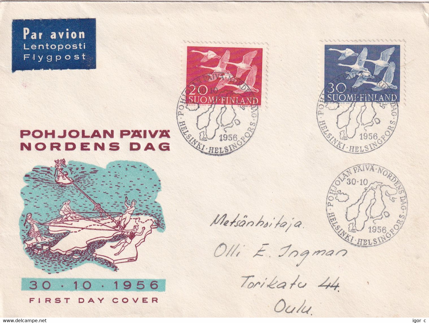 Finland 1956 Airmail Cover: OISEAUX VÖGEL - SWAN SCHWAN CYGNE CISNE; Nordic Countries Cooperation Day; Joint Issue; - Schwäne