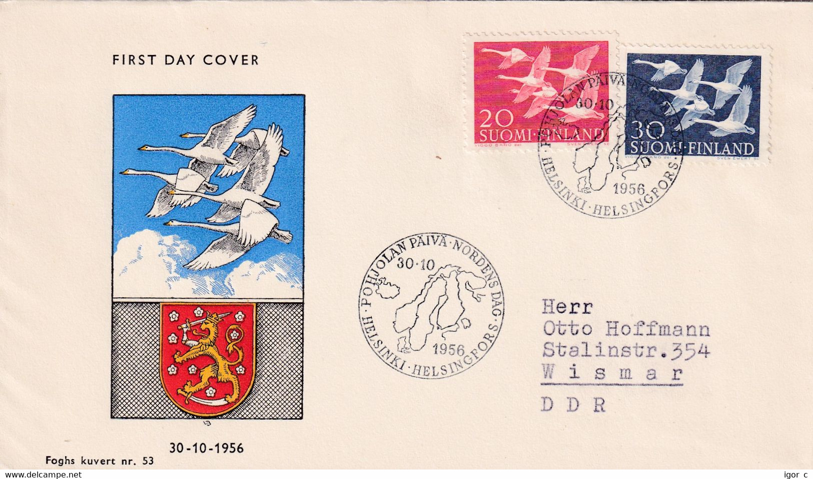 Finland 1956 Cover: OISEAUX VÖGEL - SWAN SCHWAN CYGNE CISNE; Nordic Countries Cooperation Day; Joint Issue; Lion Löwe - Cygnes